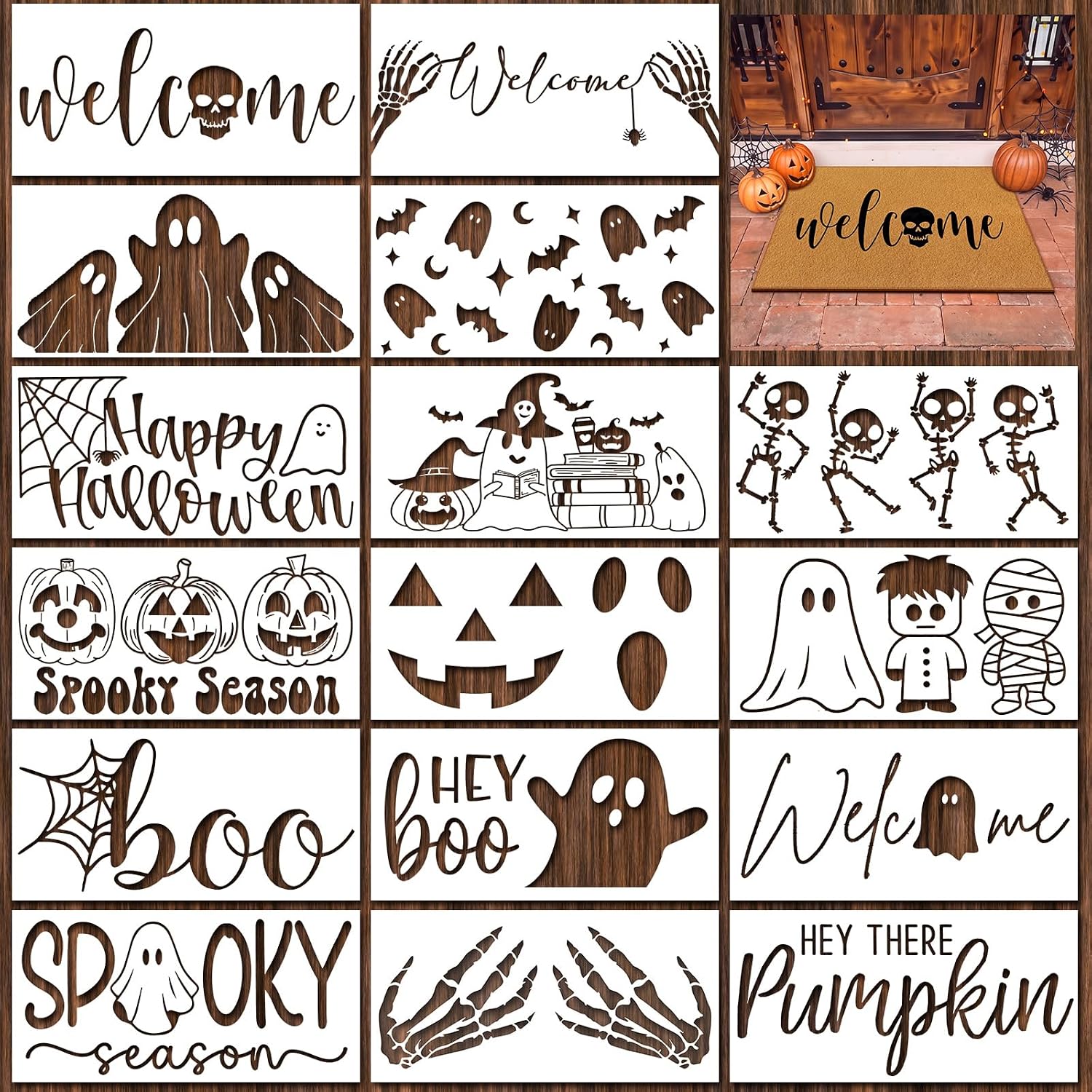 16 Pcs Fall Harvest Door Mat Stencils for Painting and DIY Crafts | Pumpkin Leaf Truck and Gnome Designs, Hello Fall and Give Thanks Sayings, Autumn Porch Mats, Wood Signs and Home Decor
