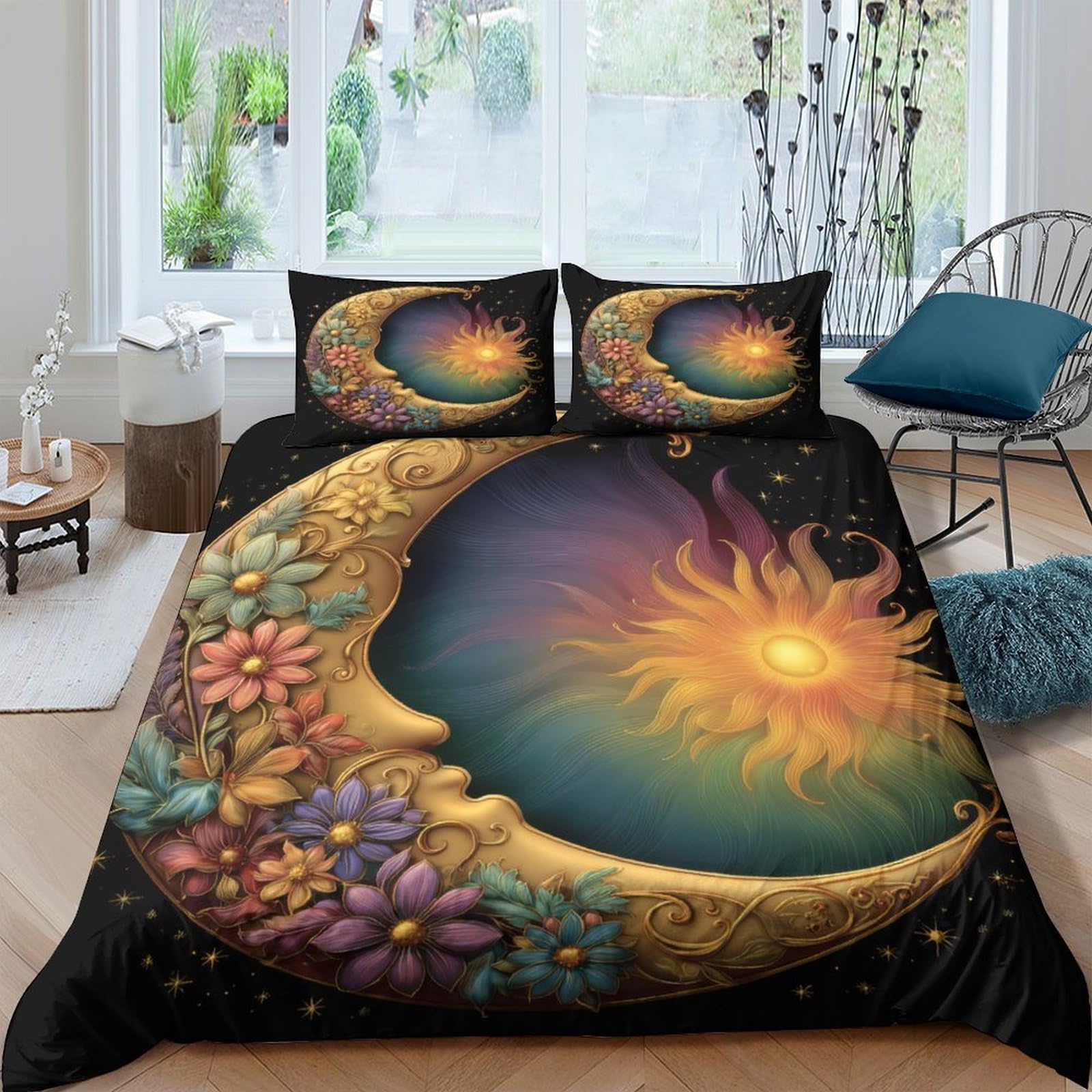 Ctjqhvkz Style-5 3D Printed Moon Sun Floral Fitted Sheet Microfiber Soft Breathable Artistic Bed Cover For Bedroom Guest Room Decor Single（135X200cm）