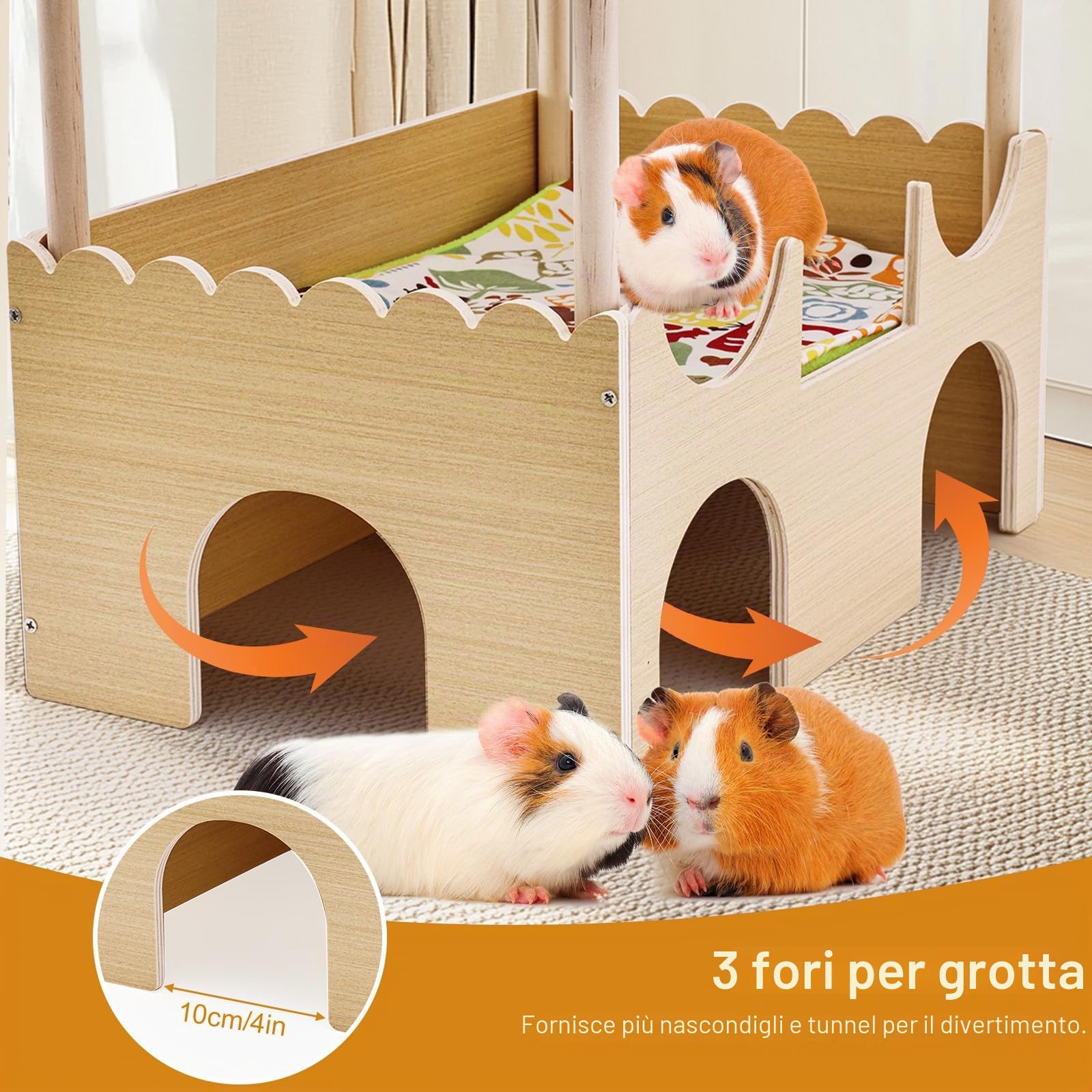 Casetta Porcellino d'India, Castello per Conigli in Legno con Tetto Rampa, 3 Ingressi Grande Riparo per Porcellini Nano, Accessorio per Porcellini d'India, Criceto, Roditori, 38 x 35 x 25 cm