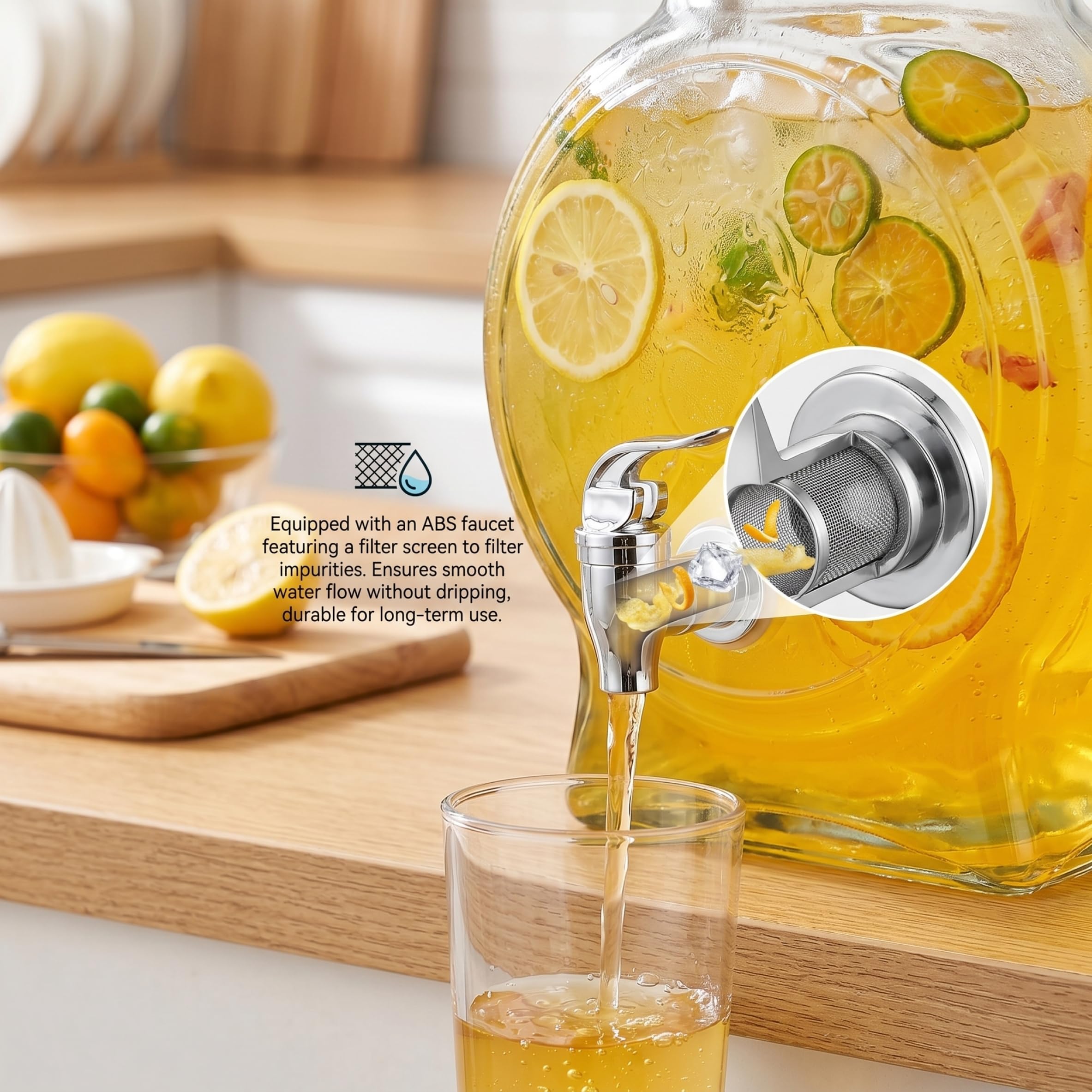 Distributeur de boissons pour réfrigérateur, distributeur de boissons en verre transparent de 2,5 l avec robinet en plastique anti-fuite pour fêtes de réfrigérateur
