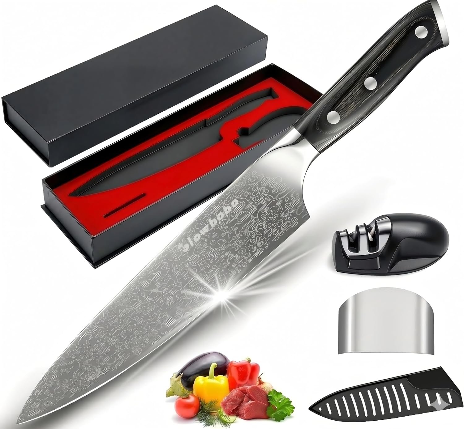 8 Inch Chef's Knife, High Carbon Stainless Steel Kitchen Knife with Sharpener & Finger Guard, Professional Sharp Cooking Knife for Home & Meat Cutting, with Ergonomic wood Handle and Gift Box