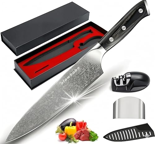 Cuchillo de chef de 8 pulgadas, cuchillo de cocina de acero inoxidable de alto carbono con afilador y protector de dedos, cuchillo de cocina