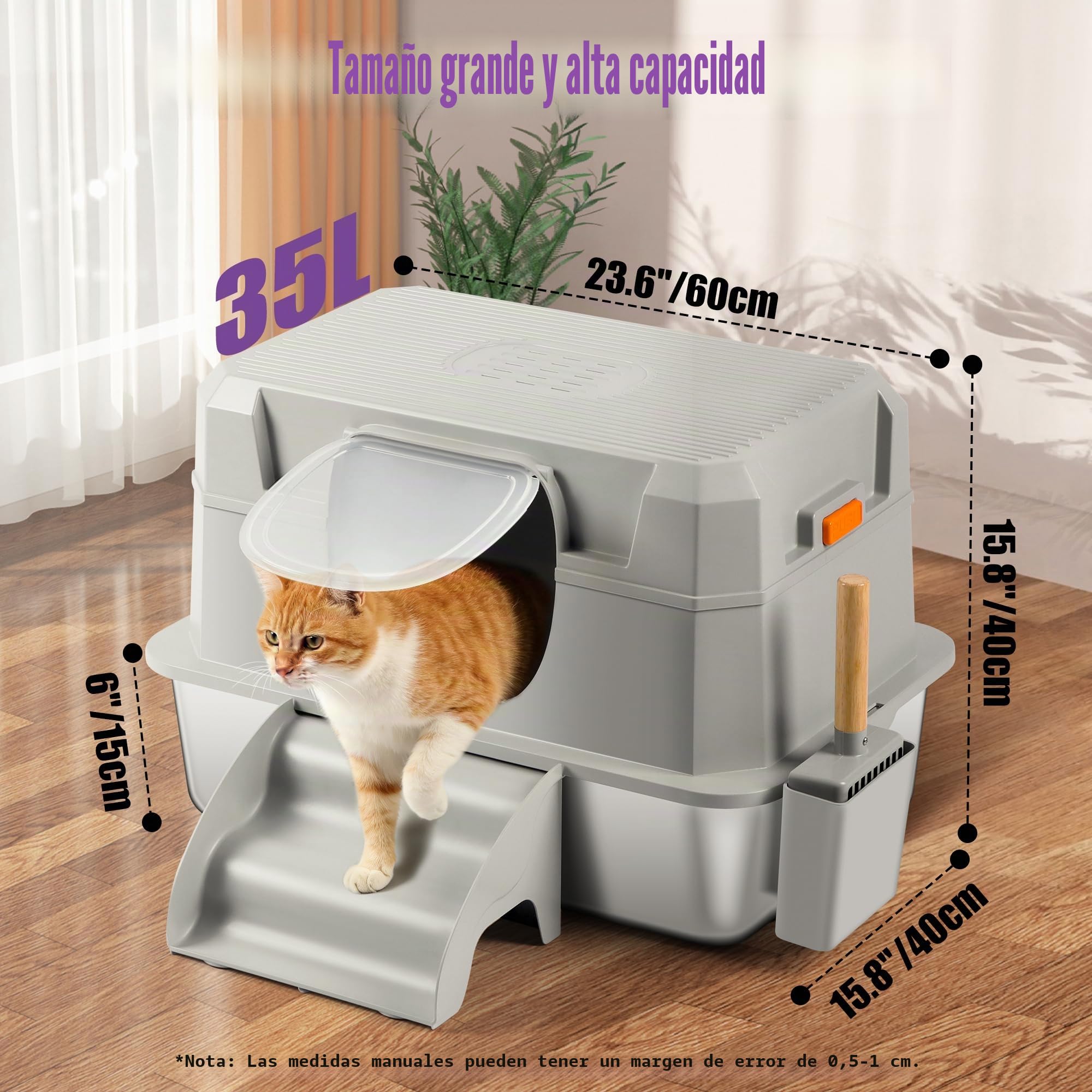 Arenero para Gatos de Acero Inoxidable para Gatos con Tapa, Caja de Arena Metálico Extraíble XXL con Tapa, Cuchara, Escalón, No Pegajoso, Sin Olores, Fácil de Limpiar (Gris Claro)