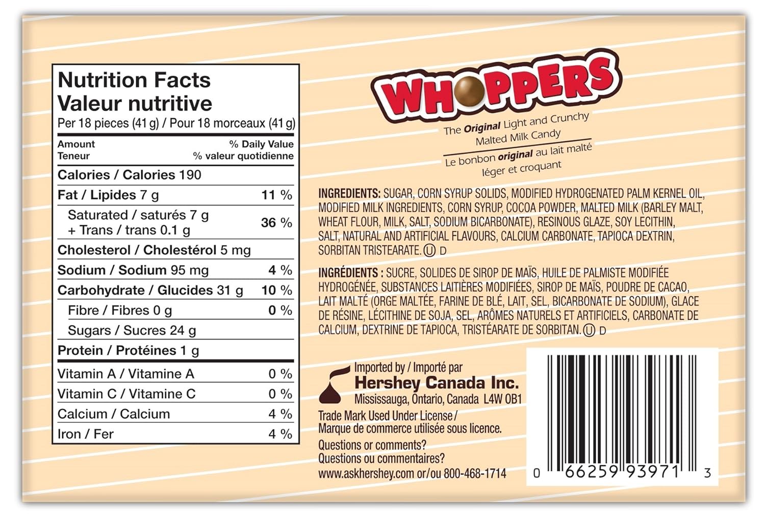 Whoppers, Malted Milk Balls, 113g/3.98oz, Box, (6 pk){Imported from Canada}