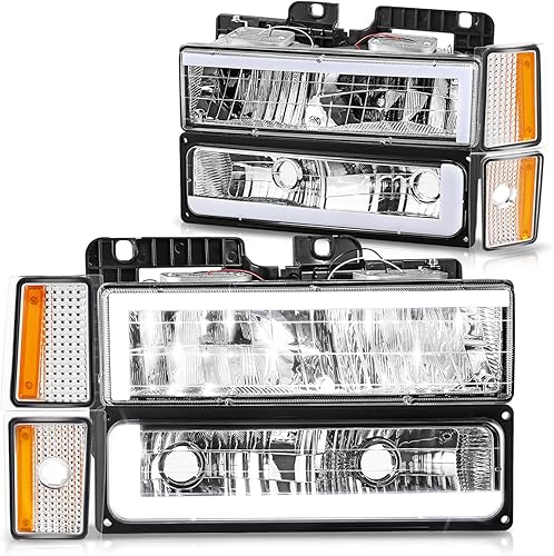 DNA MOTORING Faro LED DRL estilo C, señal de parachoques, juego de lámparas de esquina compatible con Chevy CK1500-3500 88-93, cromoámbar,