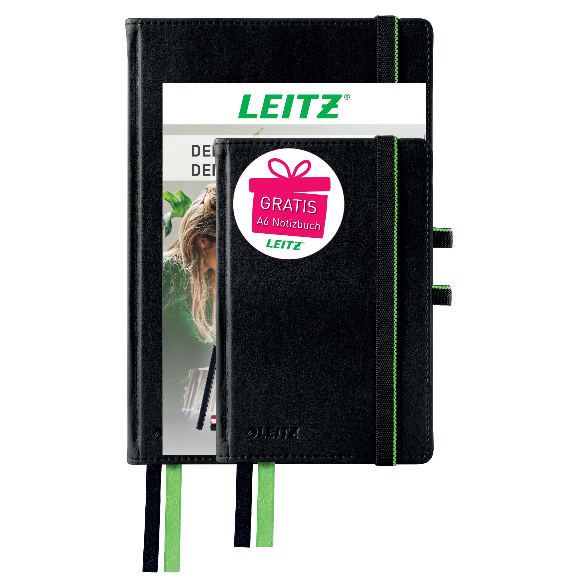 Leitz Complete Set Quality Notebook A5 + A6 Squared 160 Pages Each 80 Sheets Hard Cover High-Quality Cover 100 g/mยฒ Paper FSC Certified Closure Bookmark Loop Black 95850000