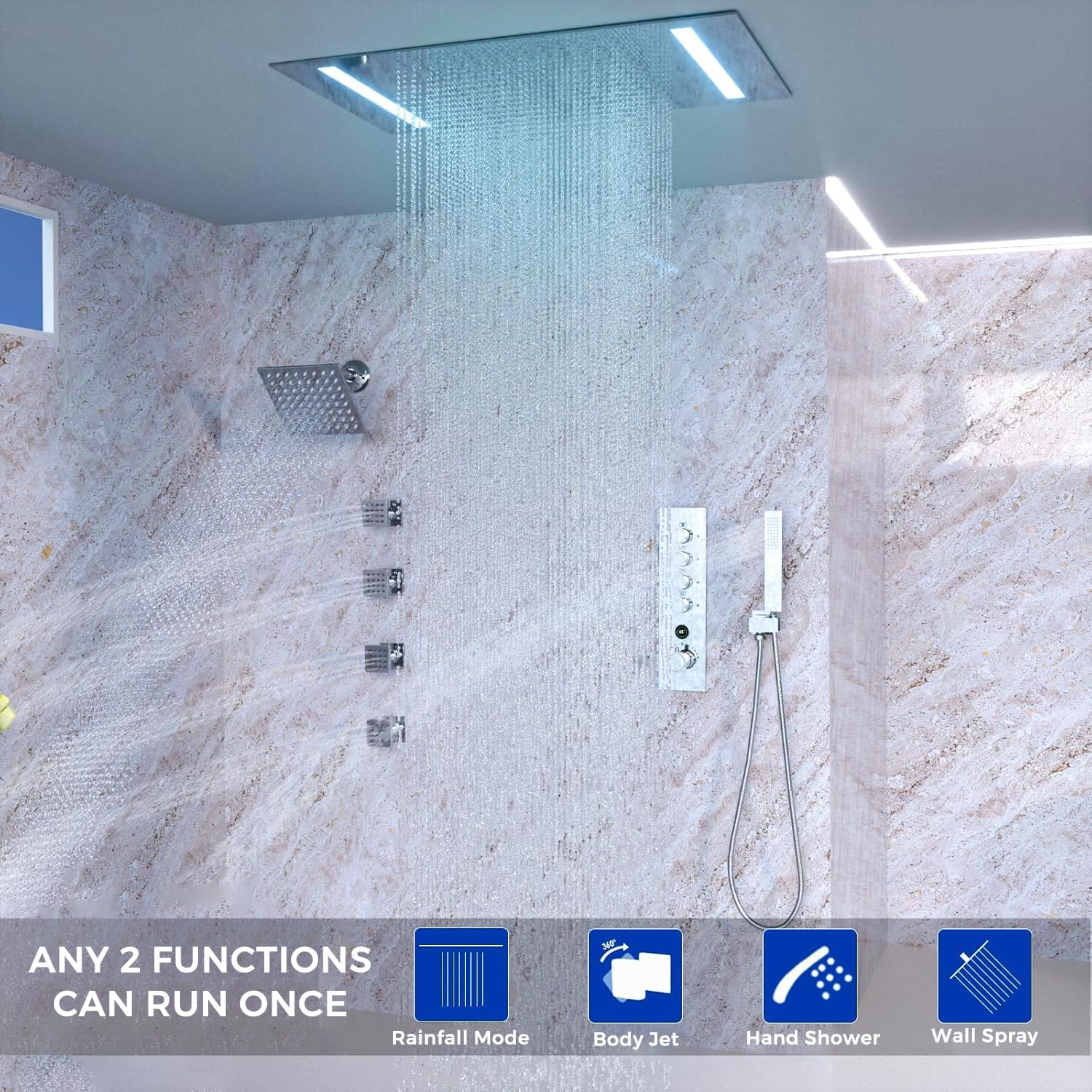 4 Way Digital Thermostatic Shower Mixing Valve Diverter Chrome Trim Kit, Shower Mixer with Temperature Display, Heavy-duty Brass Rough-in,4 Functions Can Use Together with Flow Control