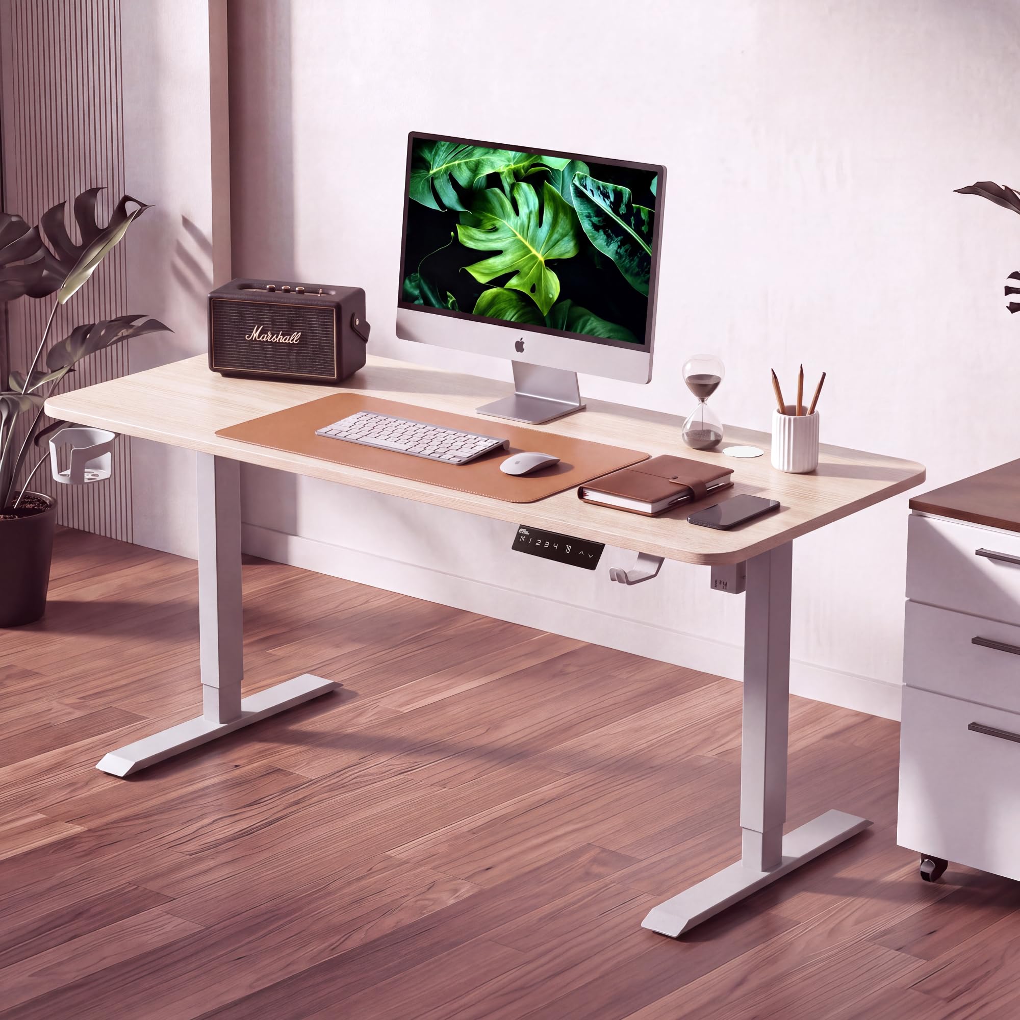 V ONE Electric Standing Desk | Compact 1-Piece Top | 70Kg Weight Capacity | 3 Memory Preset | 5 Year Warranty | Built-in Cup & Headphone Holder | Home Office (White Oak, 100 * 60 CM)-image-40