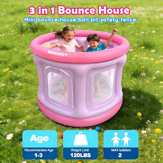 Bounce House,Ball Pit for Toddlers, Inflatable Bouncy House with Pump,Indoor&Outdoor Baby Bouncer Play Yard with Safety Net,30 Pit Ball,Mini Bubble Bounce House for 2 Toddlers 1-3