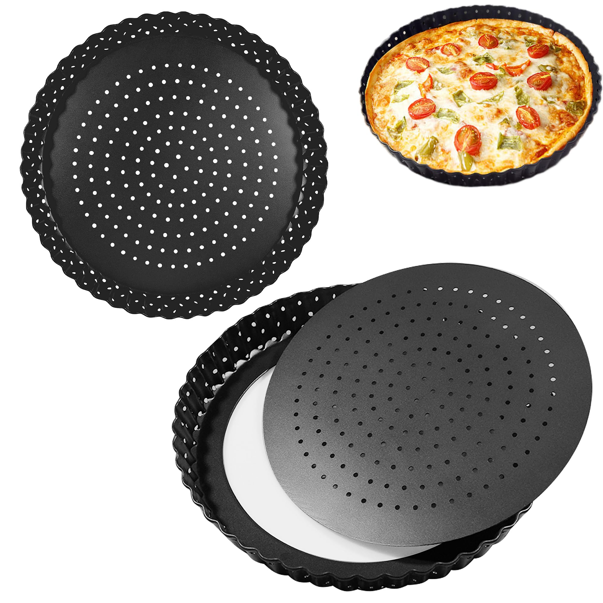 Lot de 2 moules à quiche perforés amovibles de 20 cm, moule à tarte perforé anti-adhésif