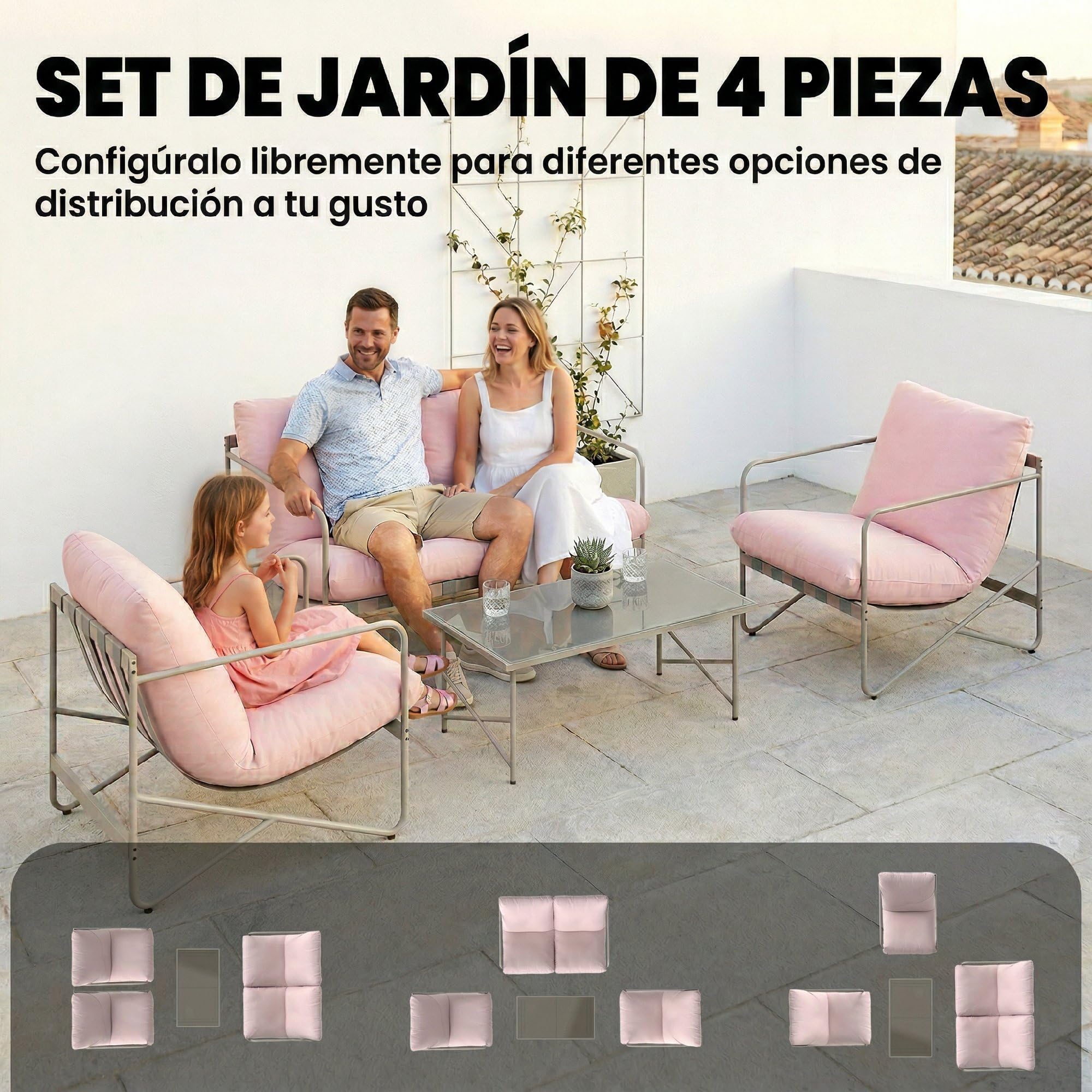 Outsunny Conjunto de Jardín Exterior de 4 Piezas con Sofá de 2 Plazas Rosa | Muebles Jardín Exterior, 2 Sillones, Mesa de Vidrio Templado, Cojines Gruesos, para Terraza