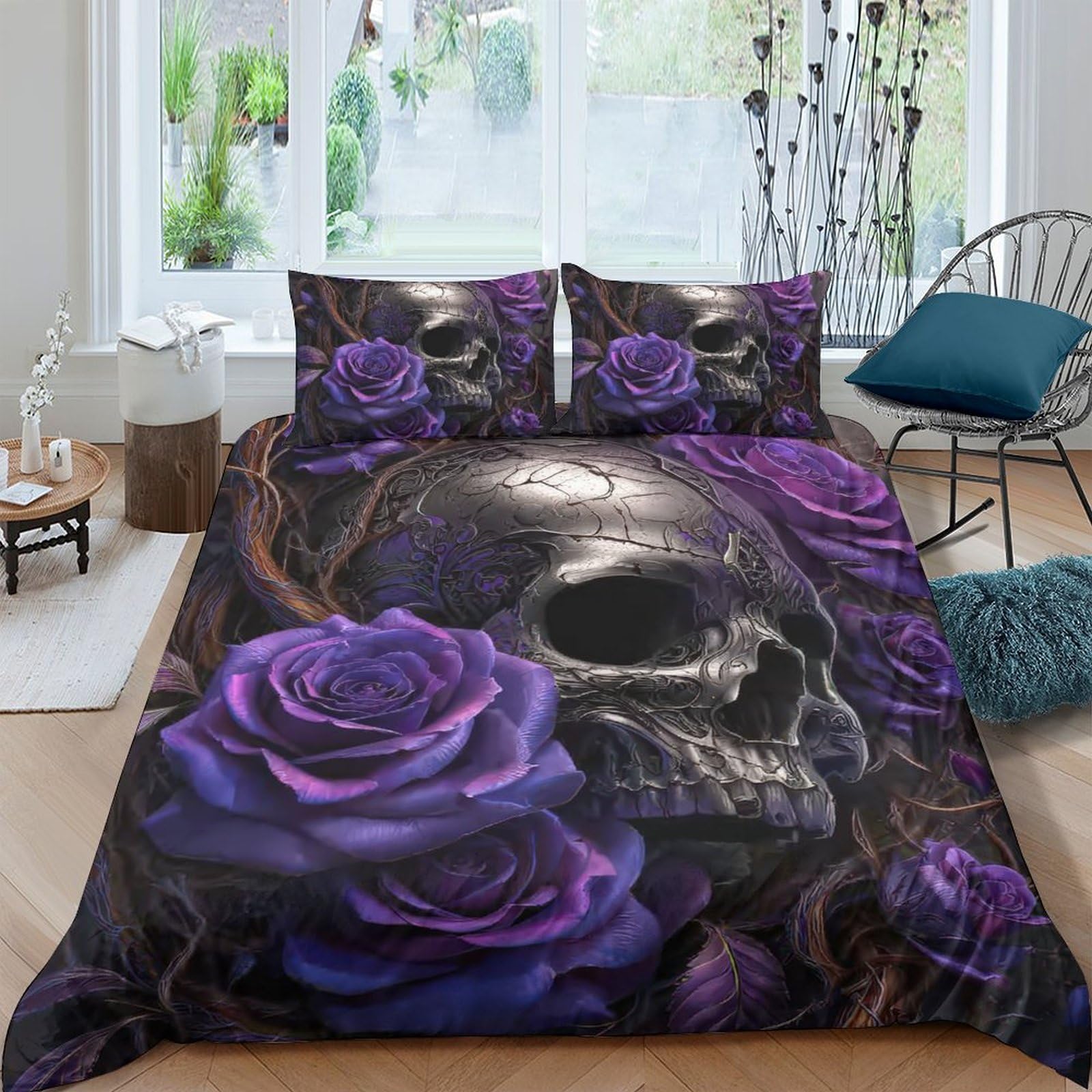 TUFRTGYHN 3D Printed Skull Purple Rose Duvet Cover Microfiber Soft Breathable Gothic Bedding Set with 2 Pillowcases for Bedroom Decor Single（135x200cm）