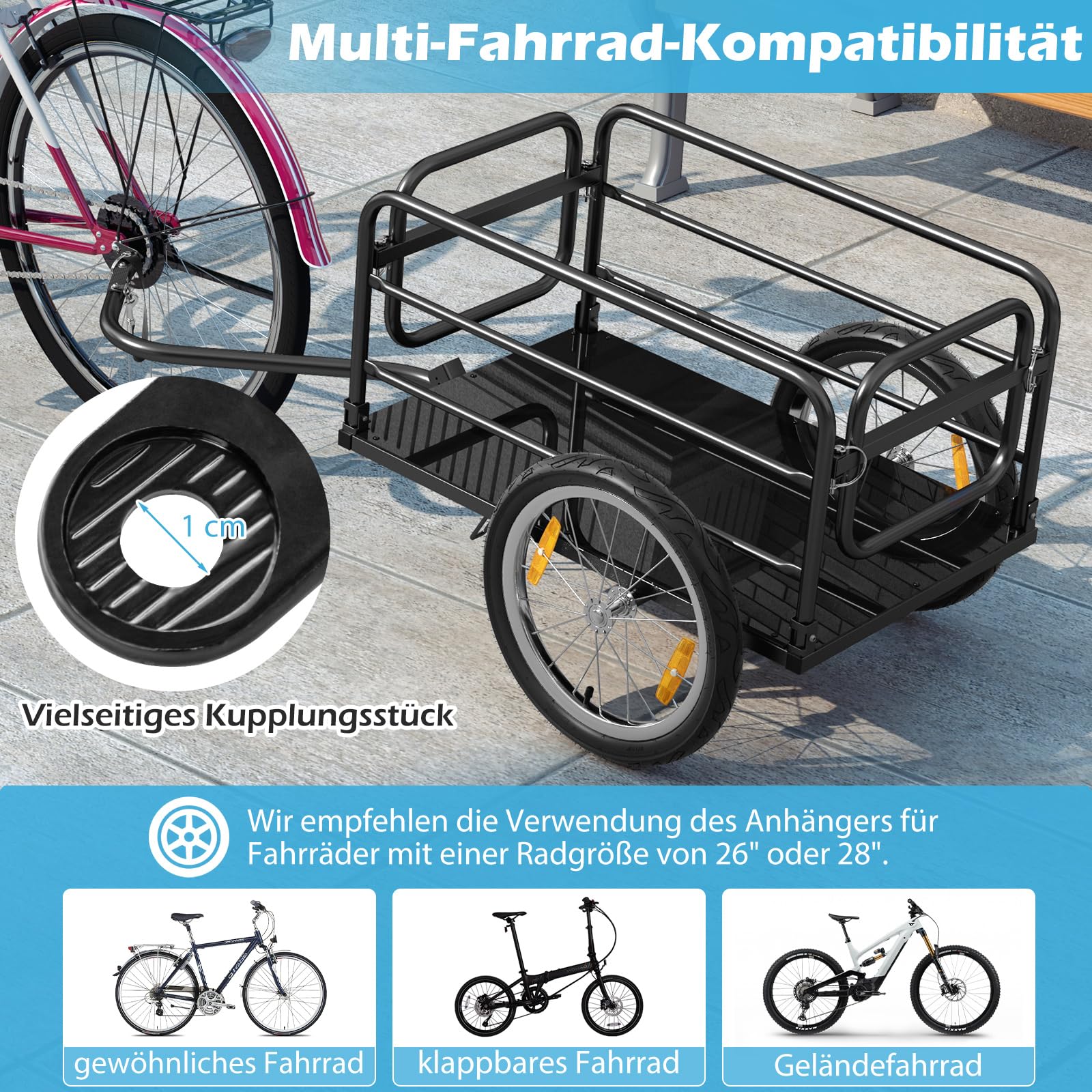 COSTWAY Fahrradanhänger, Lastenanhänger Klappbar mit Abdeckung & Kuppler & Reflektoren, Transportanhänger 60KG für Camping, Einkaufen, Umzug
