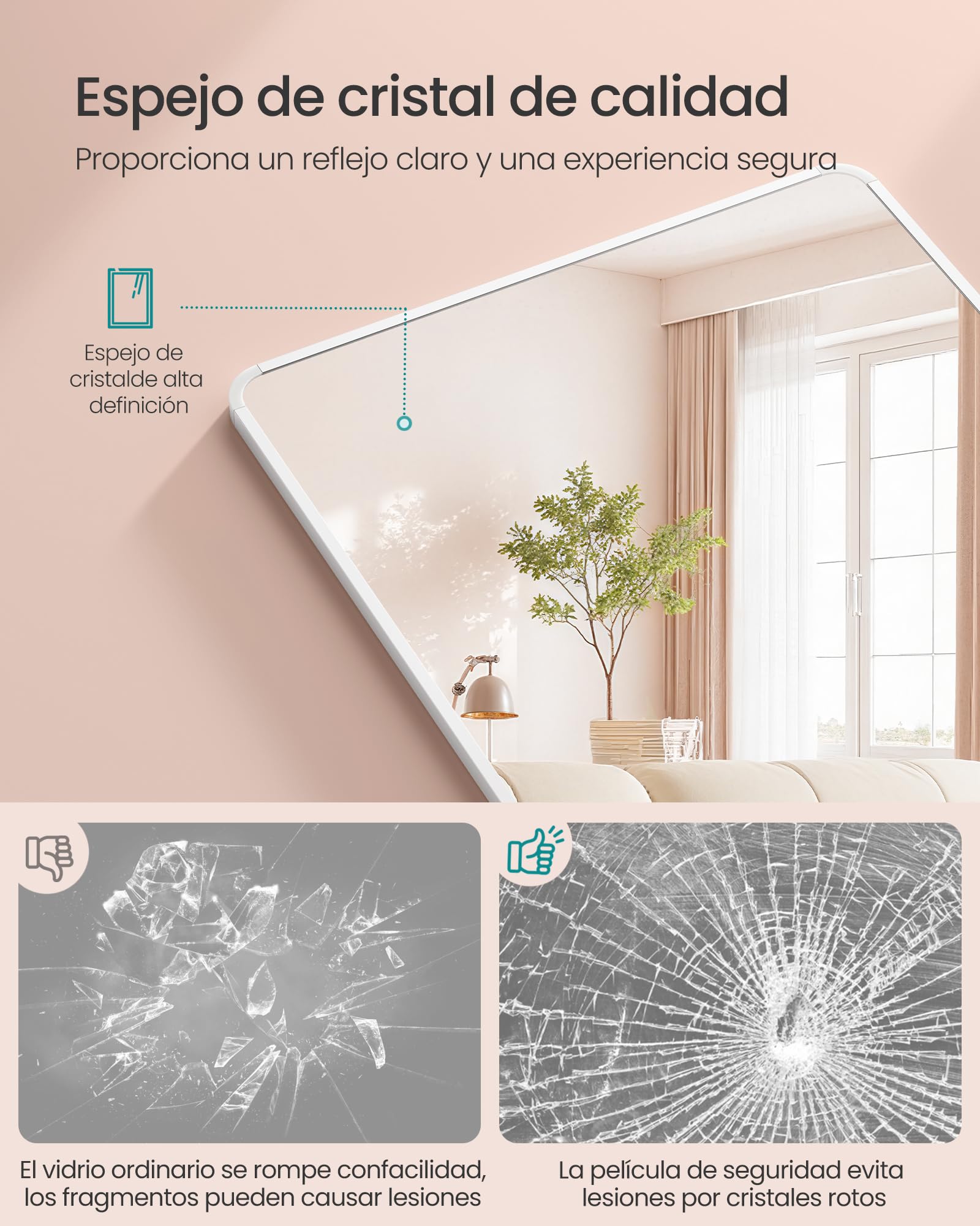 SONGMICS Espejo de Cuerpo Entero, 160 x 50 cm, Espejo de Pie Rectangular con Soporte, con Marco de Aleación de Aluminio, Cristal Templado, para Dormitorio, Salón, Vestuario, Blanco Mate LFM030WC01