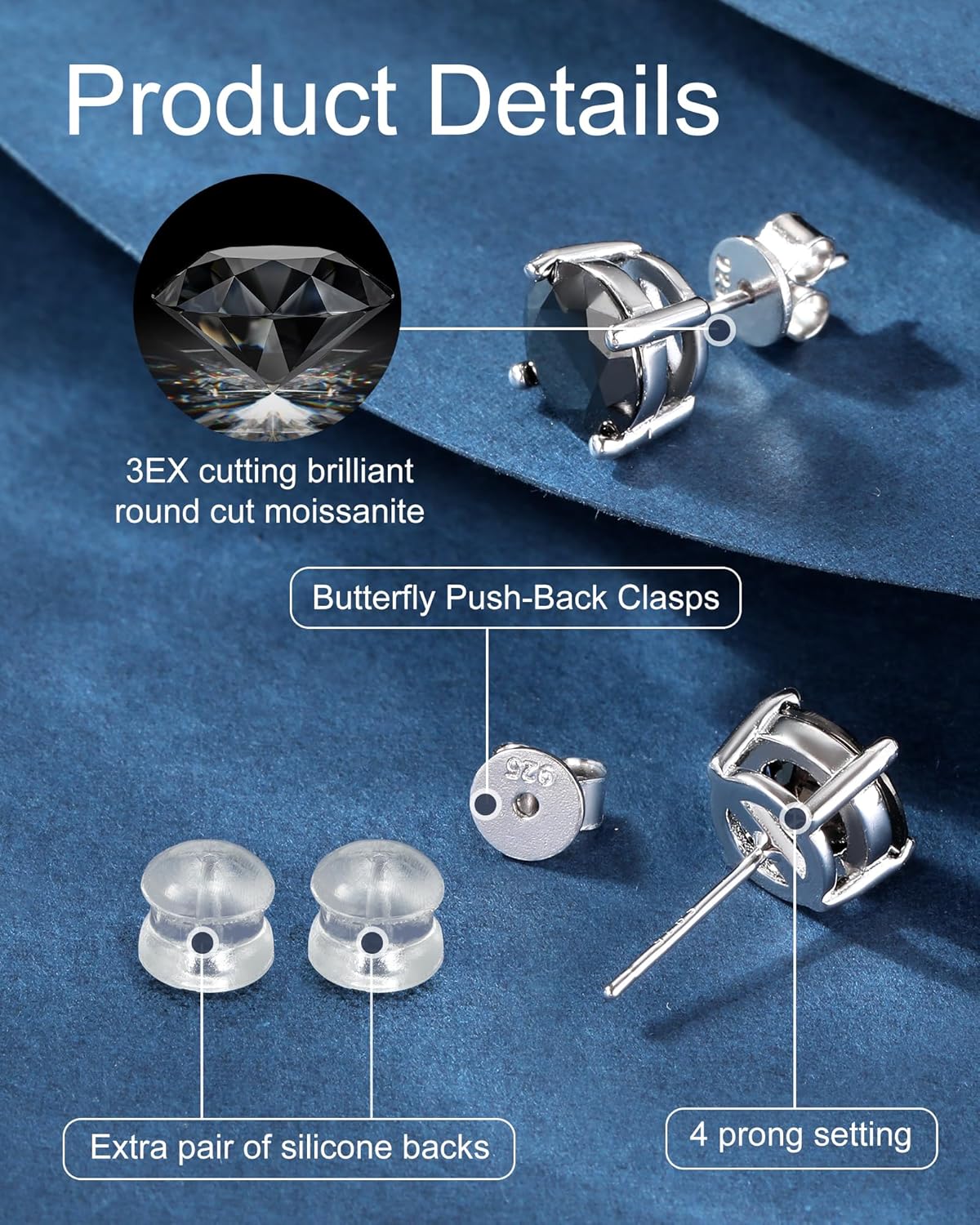 Black Moissanite Earrings for Men, Round Cut D Color VVS1 Clarity Lab Created Moissanite Earrings Studs S925 Sterling Silver Jewelry for Women Men