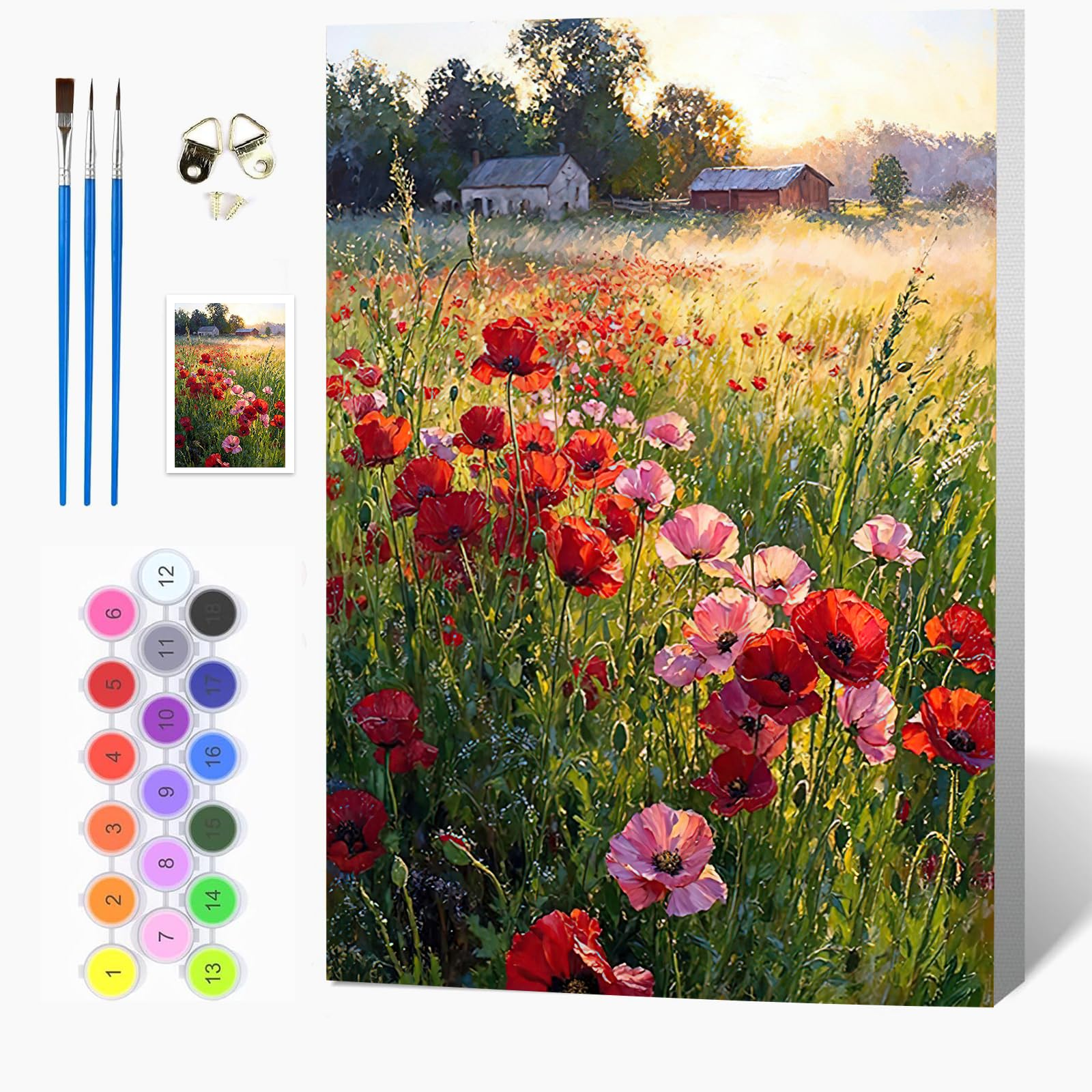 Auremi Flowers Paint by Numbers Kits for Adults Children,Landscape Painting Kits for Beginners On Clear Symbols Canvas with Wooden Framed, Easy DIY Acrylic Pigment Drawing 20x30cm