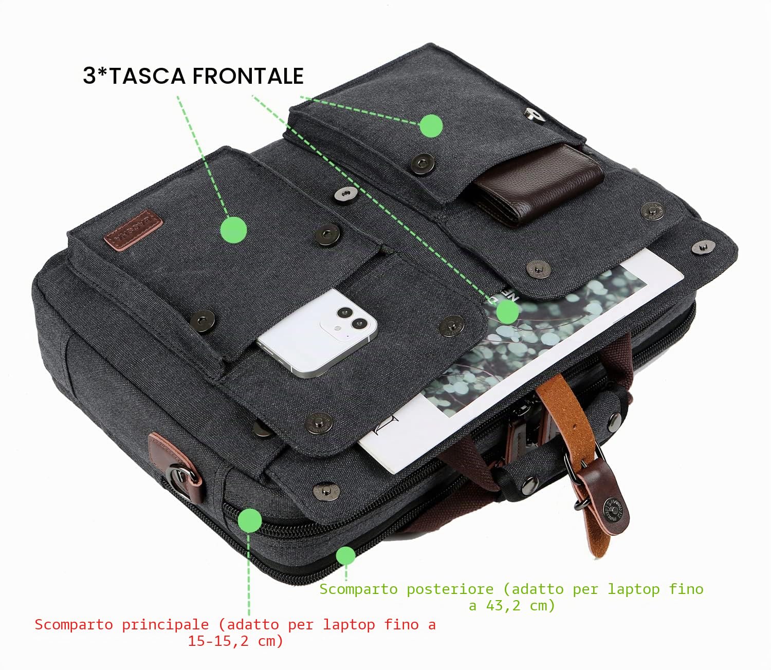 Baosha Borsa a tracolla da uomo, per computer portatile da 17 pollici, borsa da lavoro, in tela, borsa a tracolla BC-07