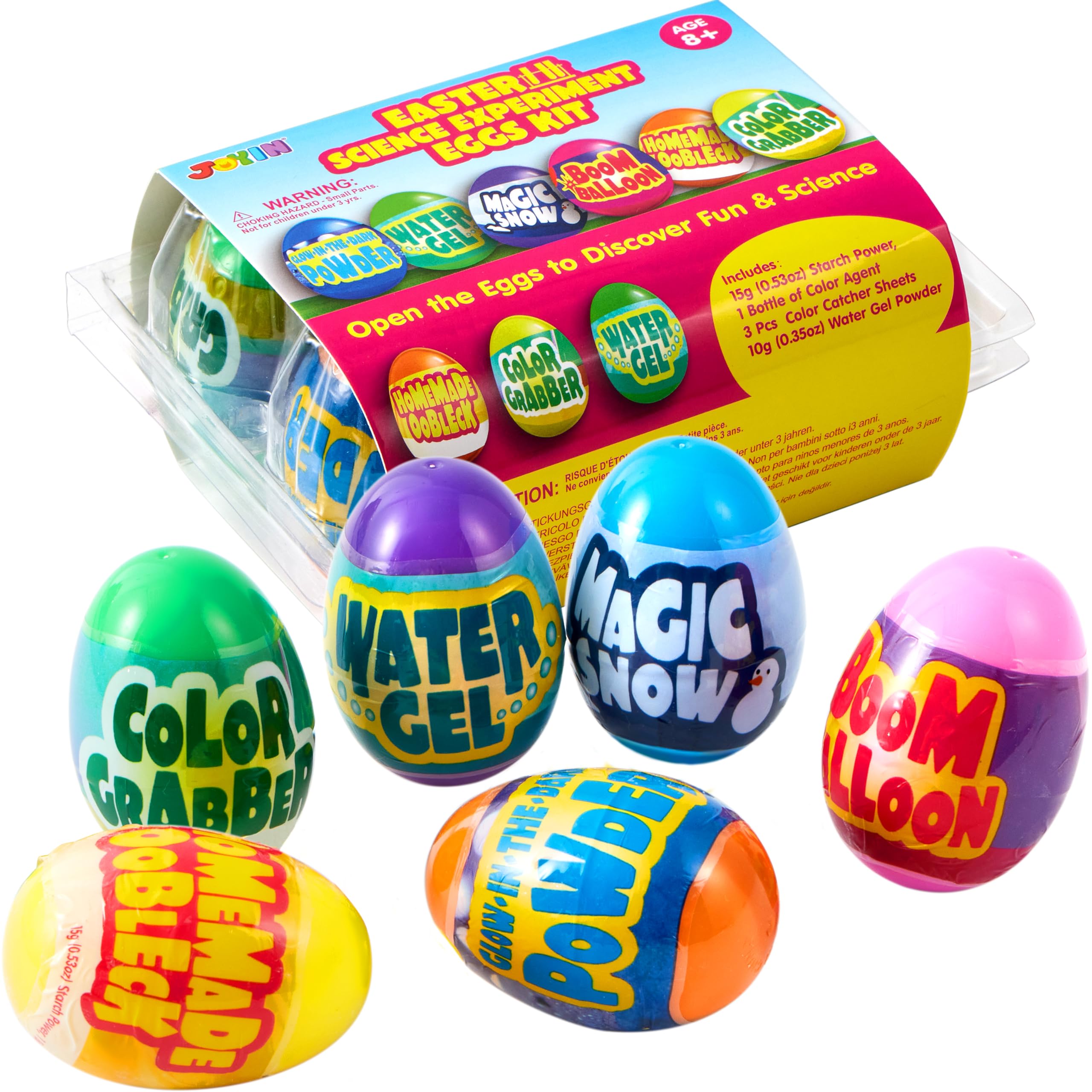 JOYIN Lot de 6 œufs de Pâques pré-remplis avec jouets, œufs de Pâques en plastique avec expérience scientifique, remplissage de panier de Pâques pour garçons et filles, cadeaux de fête sur le thème de