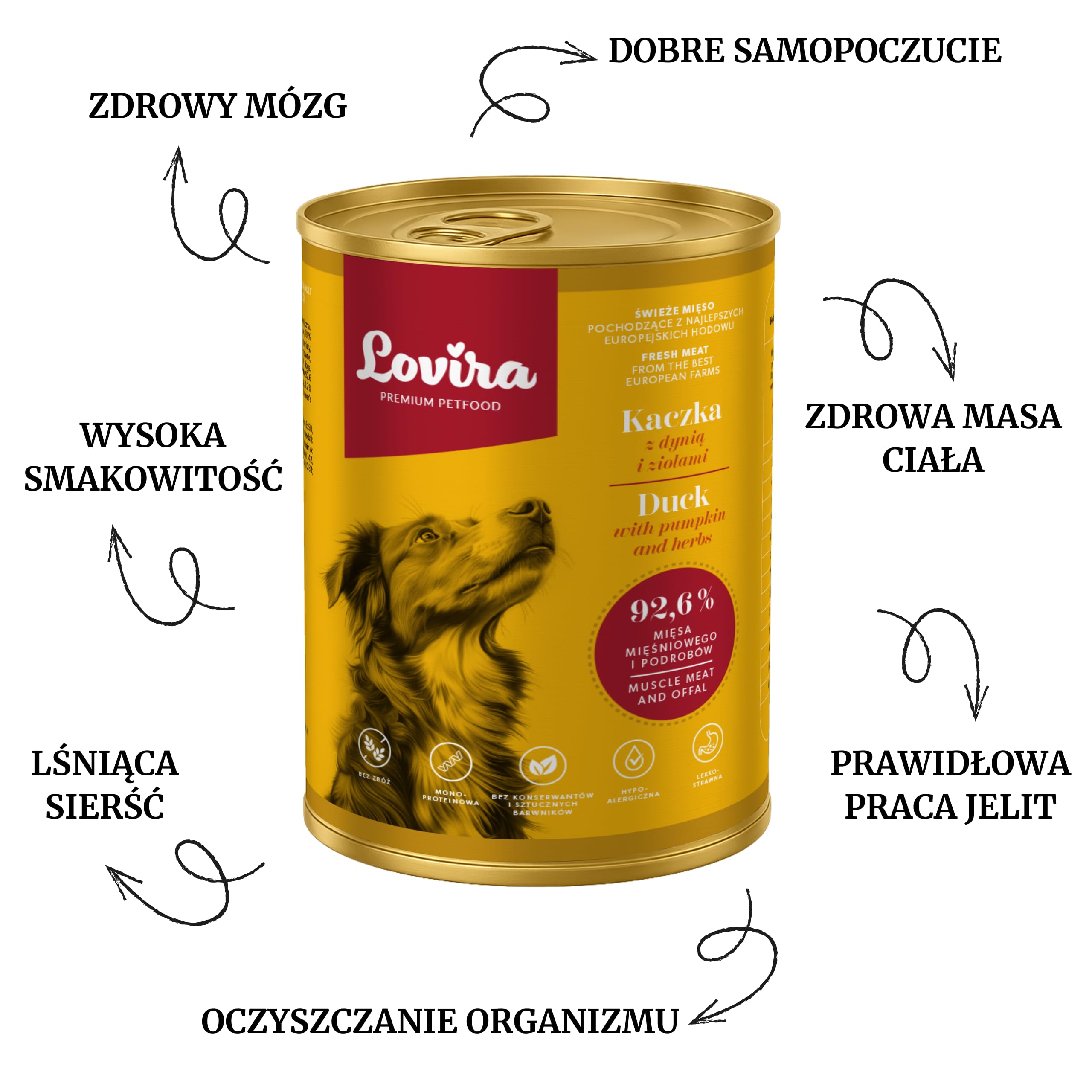 Lovira - mokra karma dla psów - mokra karma dla psów - 74,6% mięsa, bez zbóż, kaczka - z dynią i ziołami, bez sztucznych dodatków, dla wrażliwych, dorosłych psów, w puszce, 24 x 400 g