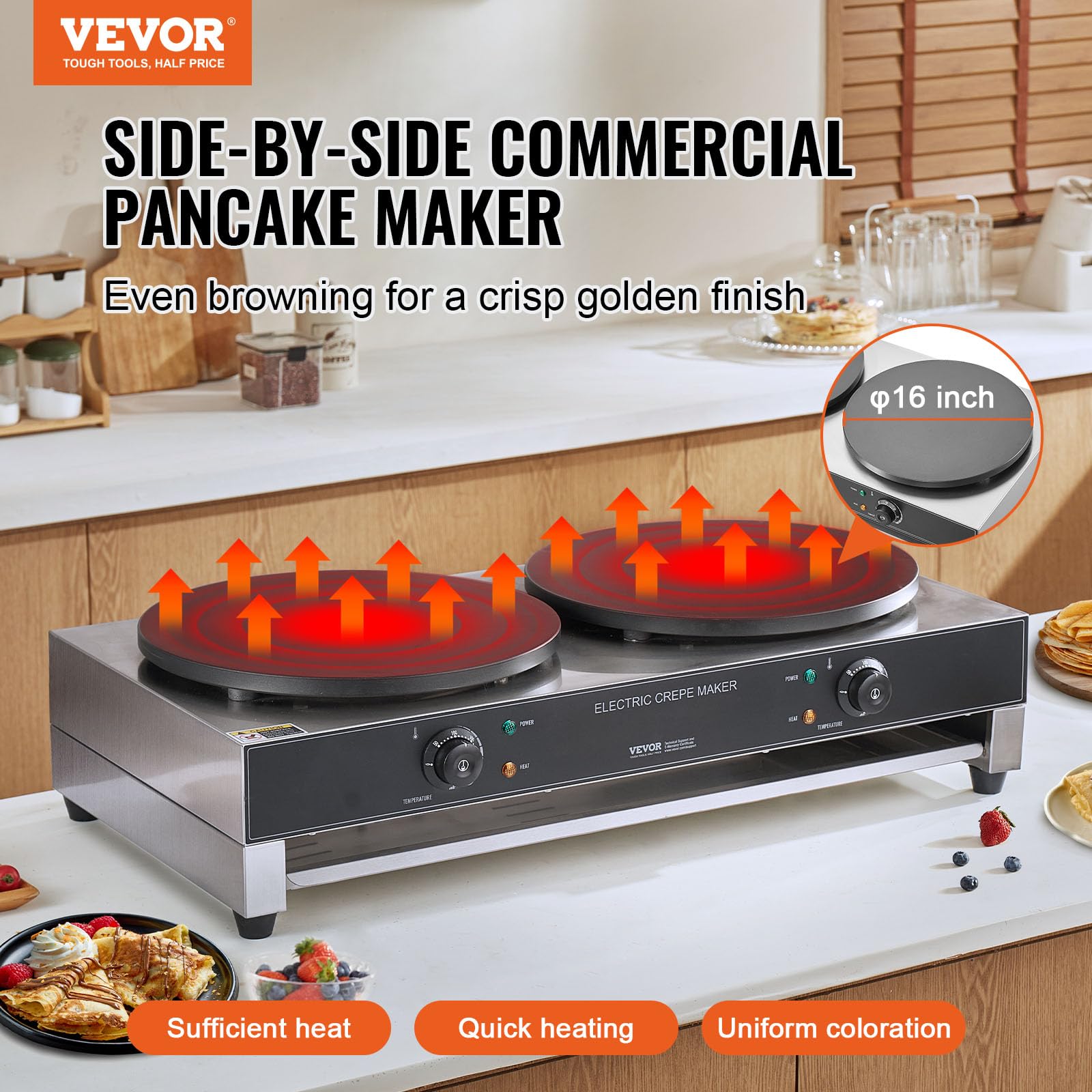 VEVOR Crepiera Elettrica, Macchina per Crepes Commerciale a Doppia Testa 406 mm, Piastra Crepes Piastra Piana 6000 W, Macchina in Acciaio Inox Antiaderente, Fornello Circolare, Senza Spina