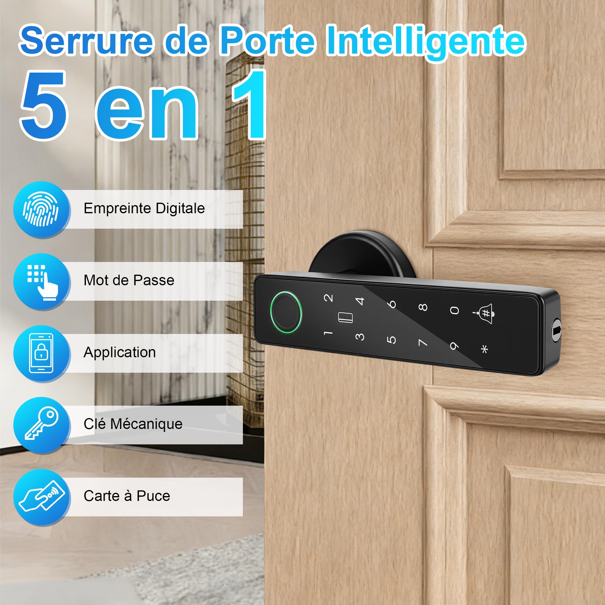 Serrure Connectée, Serrure Porte Biométrique Intelligente, Utilisable avec Empreinte Digitale, Code, Carte à Puce, App et Clé, Système de Sécurité d'Entrée Électronique, Noir