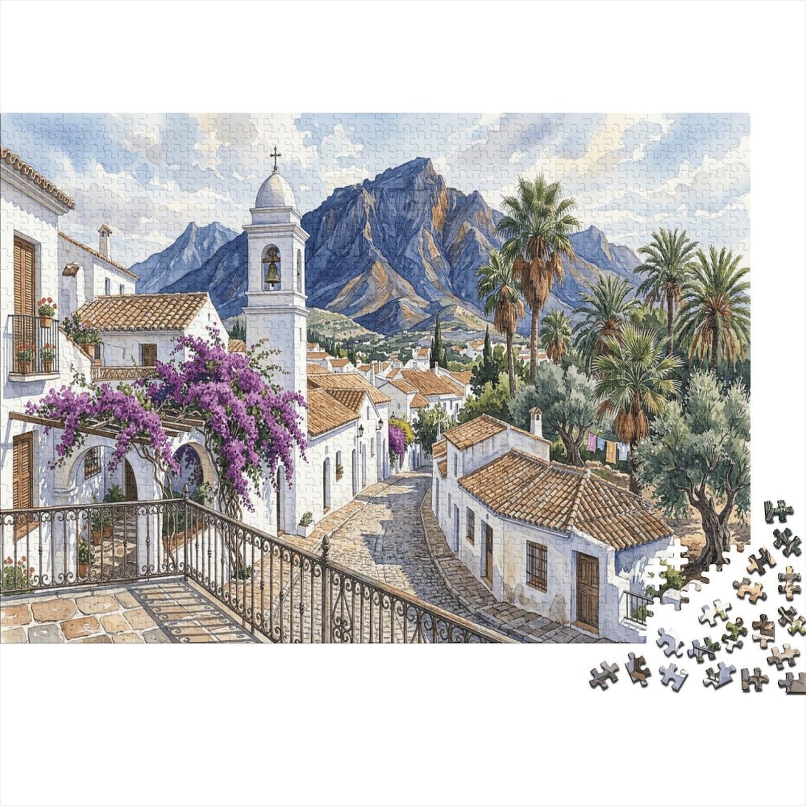 Spanish White Town Classic 1000 Pc Rigid Cardboard Jigsaw Andalusian Village Seniors Brain Training Rainy Day Fun Must-Have Puzzle Lovers 52x38cm/1000pcs — image 1