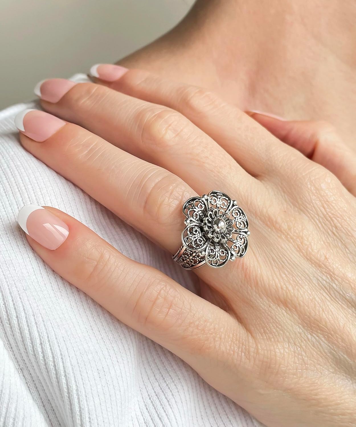 Filigranist Handcrafted Filigree Art Sterling Silver Daisy Flower - Sunflower Motif Woman Cocktail Ring, Gift Boxed