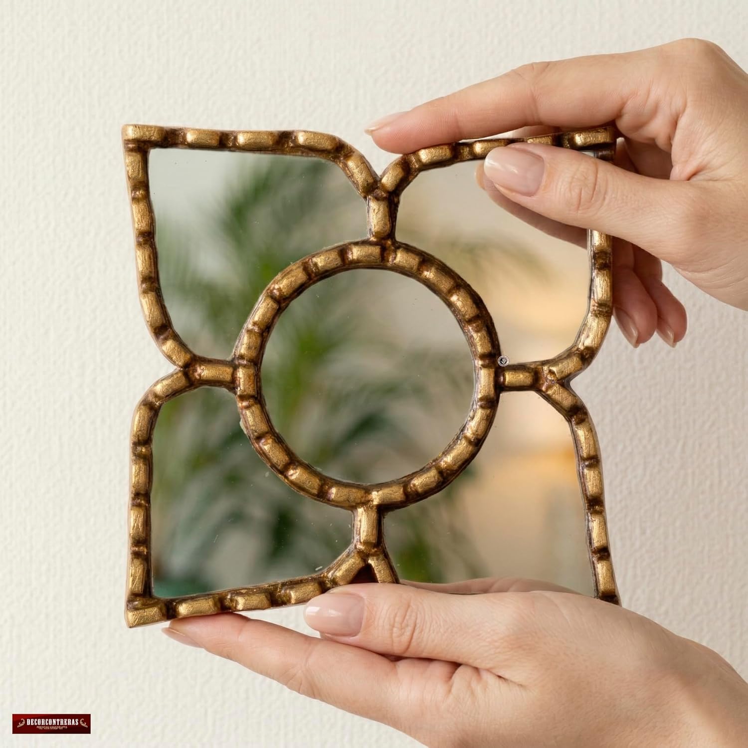 Small Gold Peruvian Mirror Bronze Leaf Frame Handmade Wall Decor 6" Square - 8.3" Diamond - Gift Mothers Day (Gold)