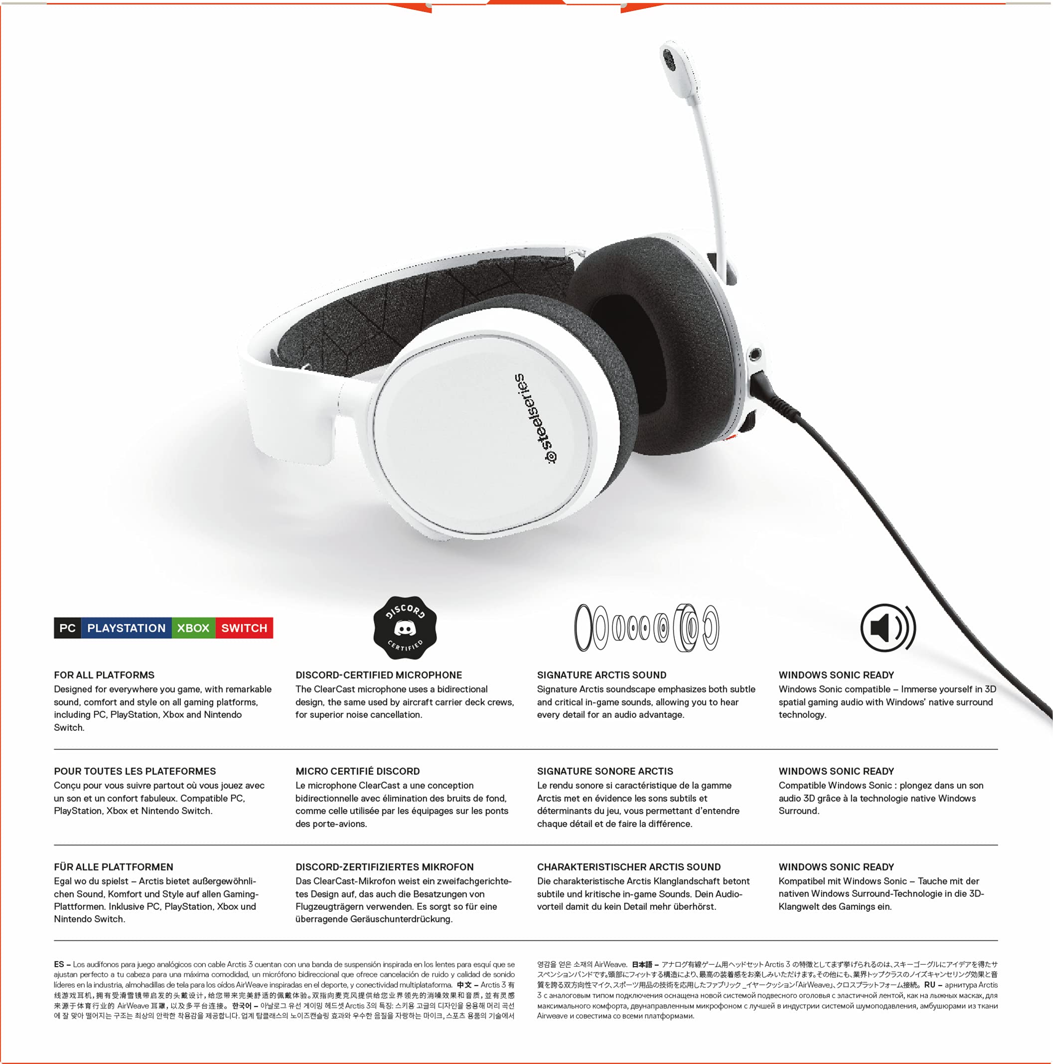 SteelSeries Arctis 3 - Casque de Jeu toutes Plateformes - pour PC, PlayStation 5, PS4, Xbox One, Nintendo Switch, RV, Android et iOS - Blanc