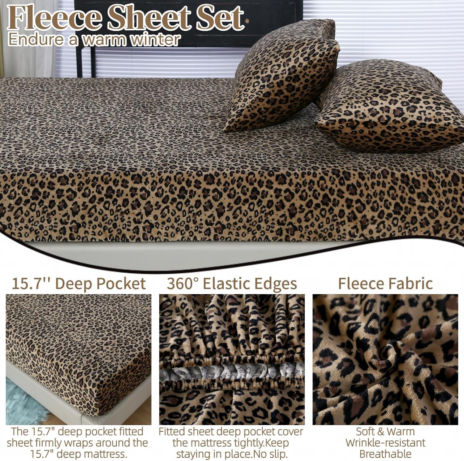 MAG 3Pcs Cheetah Fleece Fitted Sheet Queen Size, Super Cute Fluffy Warm Leopard Print Decor Bottom Sheets,included1*Fitted Sheet and 2*Pillowcases.