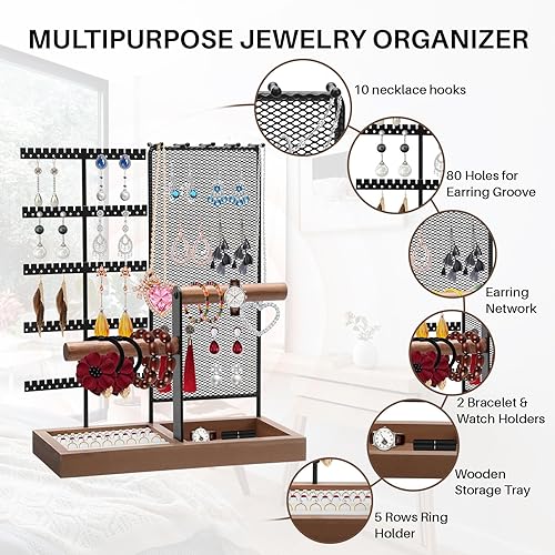 Vista 3 de ZOOS Soporte organizador de joyas de 5 niveles organizador de aretes con soporte para anillos y bandeja de madera, soporte de joyería para venta