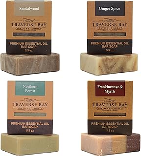 Natural Cold Process Soap Spice & Wood 4-Bar Variety Pack, Ginger Spice, Sandalwood, Northern Forest, Frankincense & Myrrh, 5.5 oz Each, 22+ oz Total