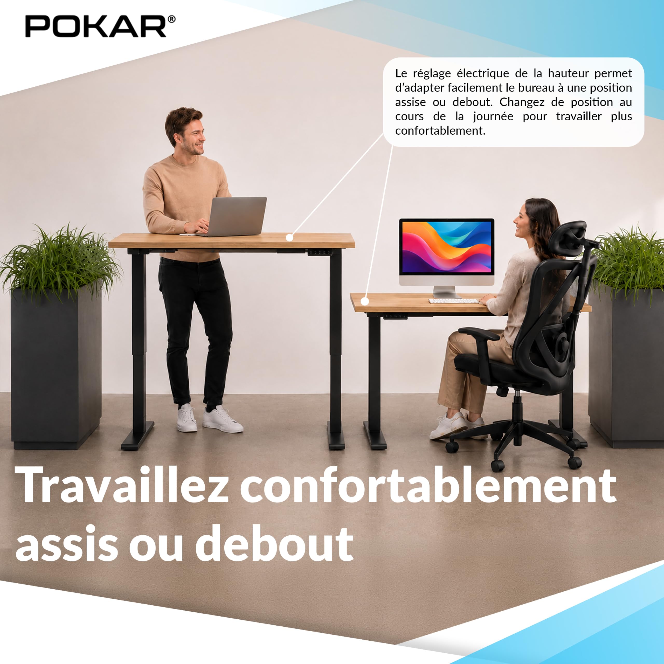 POKAR Bureau Assis Debout Électrique 120x70 cm | Plateau Massif 25mm | Panneau à Mémoire avec USB-C et USB-A | Bureau Réglable en Hauteur pour Télétravail | Cadre Argent, Plateau Chêne Sonoma