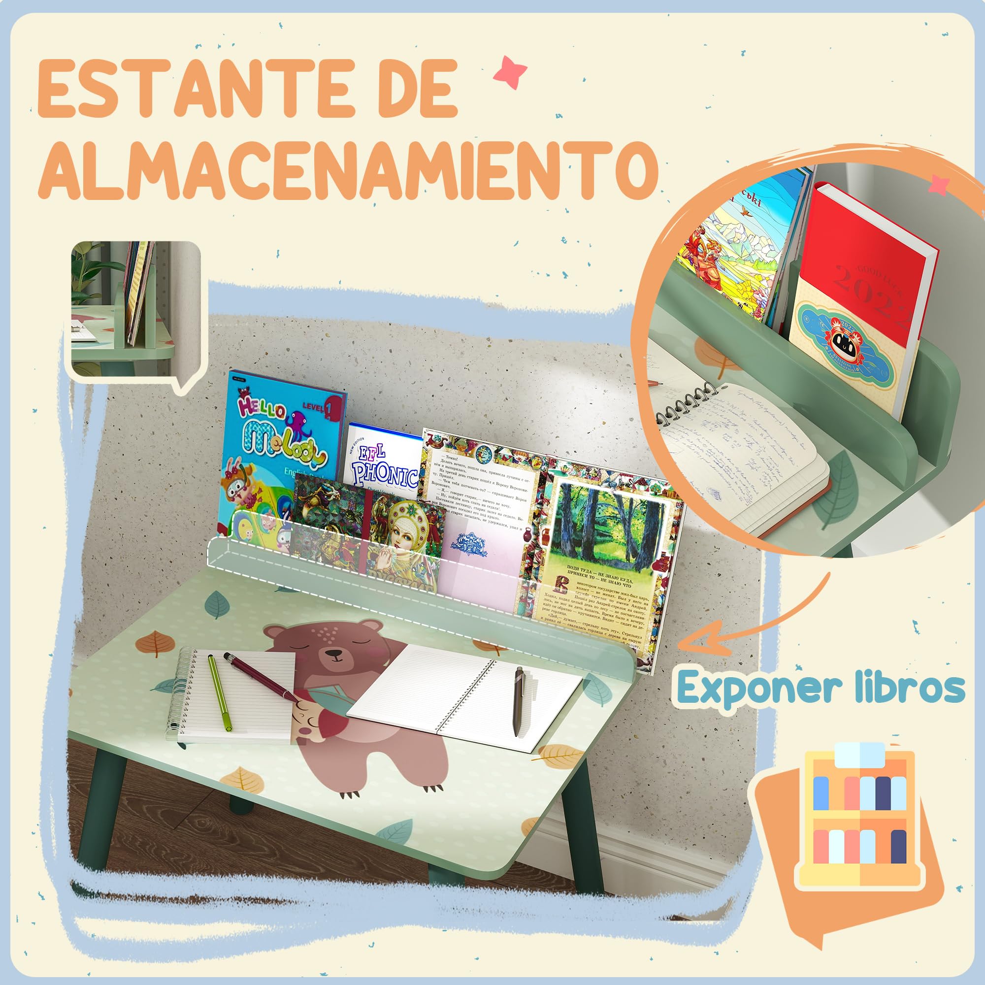 AIYAPLAY Mesa y Silla Infantiles de 2 Piezas Mesa Infantil con Silla y Estante para Libros Escritorio para Niños de +3 Años para Sala de Juegos Verde