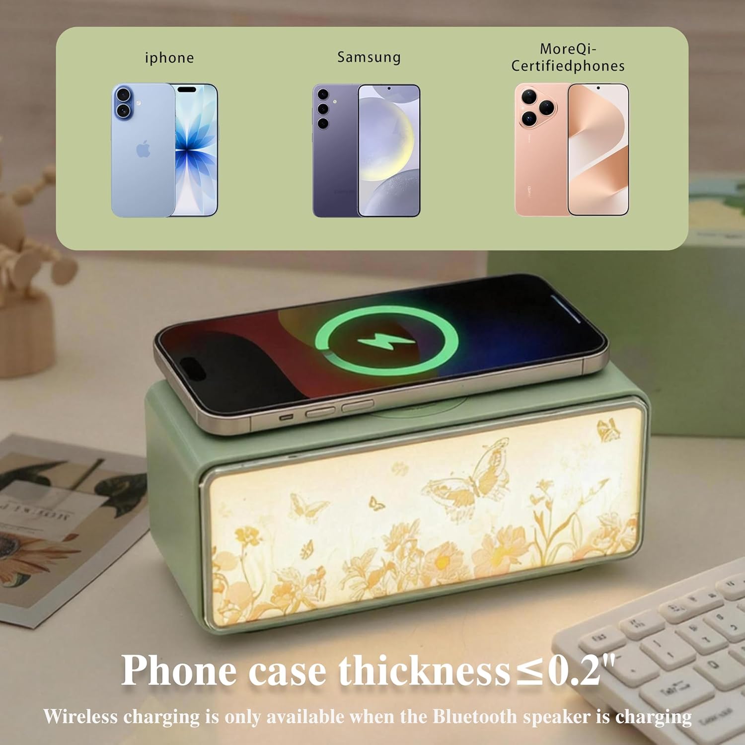DUSVALLY Bluetooth Speaker with Fast Wireless Charger, Adjustable Night Light for Bedroom, Pillow Speaker for Sleeping–4-in-1， Green