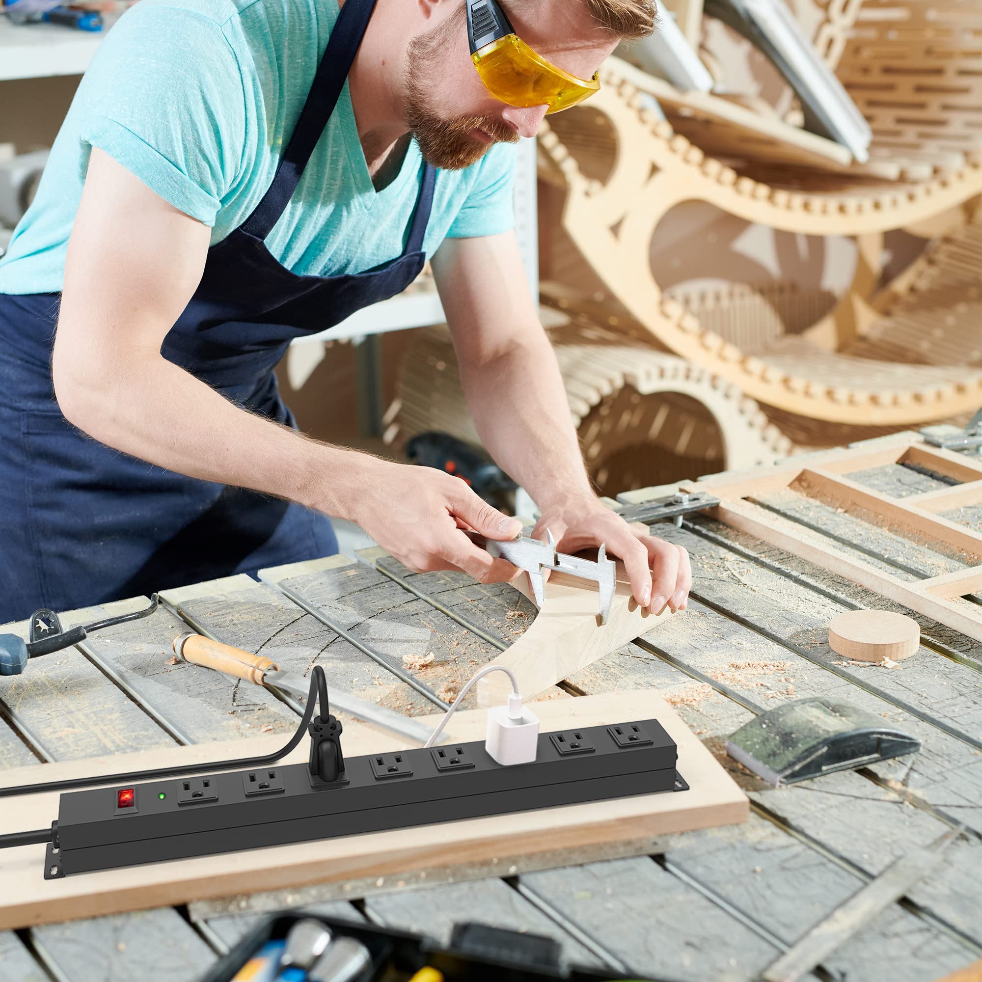 8 Outlet Power Strip Surge Protector, 12 Feet Metal Power Strip Heavy Duty with Switch for Home Office School Shop Garage, Wall Mount with Screw, 2100J 15A 125V 1875W, 14AWG, SGS Listed, Black