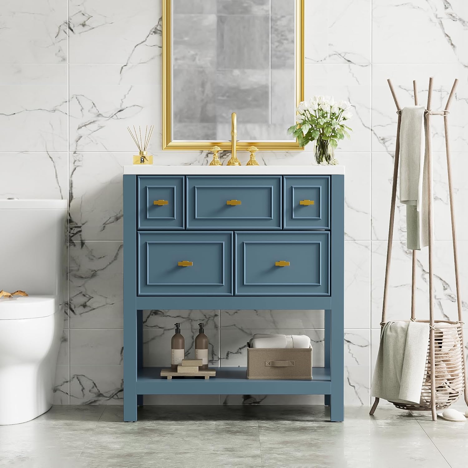 Bathroom Vanity,30'' Freestanding Single,Set w/Ceramic Sink,5-Drawer Solid Wood Storage Cabinet,Space-Saving Modern Design with Sliding Drawer & Adjustable Shelve for Bathrooms Organization,Blue