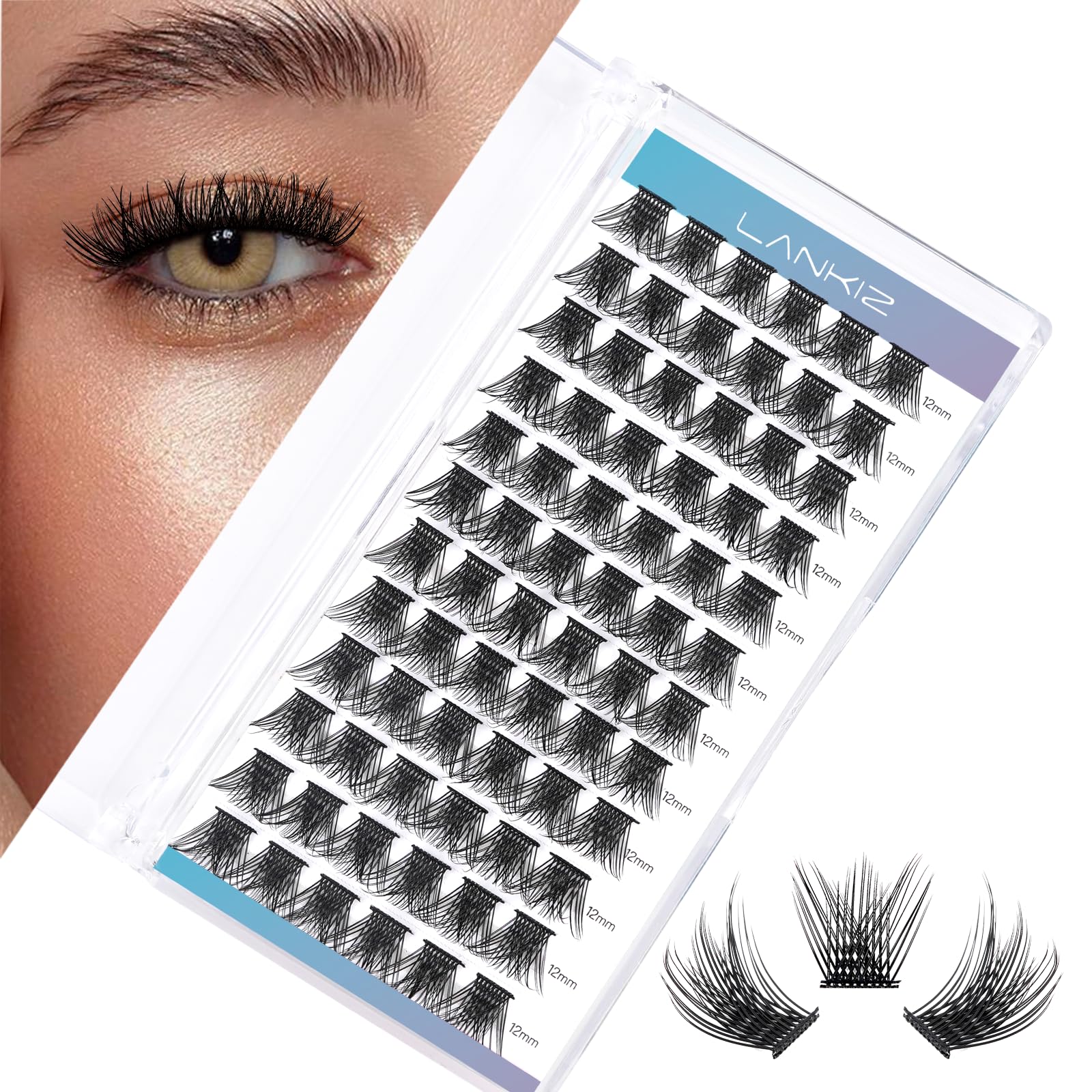 LANKIZLash Clusters DIY Lash Extensions Individual Lashes Natural Eyelash Clusters Extensions Soft and Lightweight Resuale Wide Band Cluster Lashes for Home Use (C01,C-12mm)