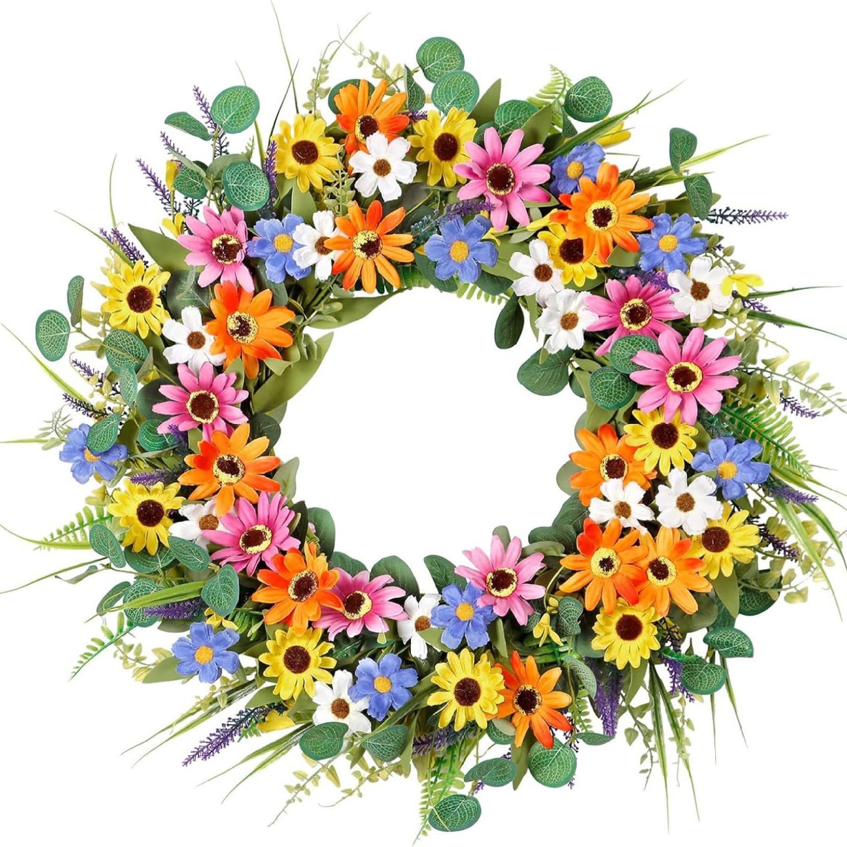 22 Inch Floral Wreaths for Front Door, Colorful Flower Wreath with Eucalyptus Leaves for Farmhouse Indoor Outdoor Door Wall Window Decor, Floral Wreaths for Front