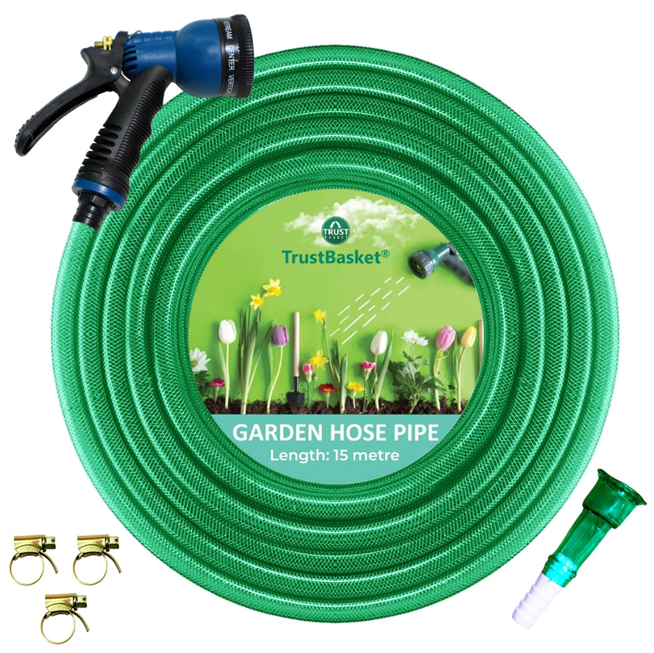 TrustBasket Heavy Duty Highly Durable PVC Plain Green Braided Water Hose Pipe (15 Meter) with 7 Pattern Sprayer Gun & 3 Clamps (1/2 inch Pipe) - Easy to Connect for Home Gardening, Lawn, Car Wash