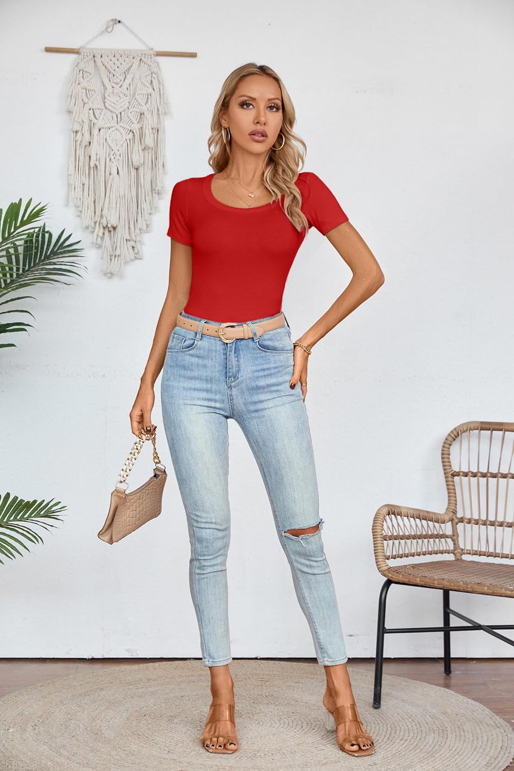 Areecin Womens Summer Tops Square Neck Cute Short Sleeve Going Out Tops Ribbed Knit Tee Tshirt - Image 3