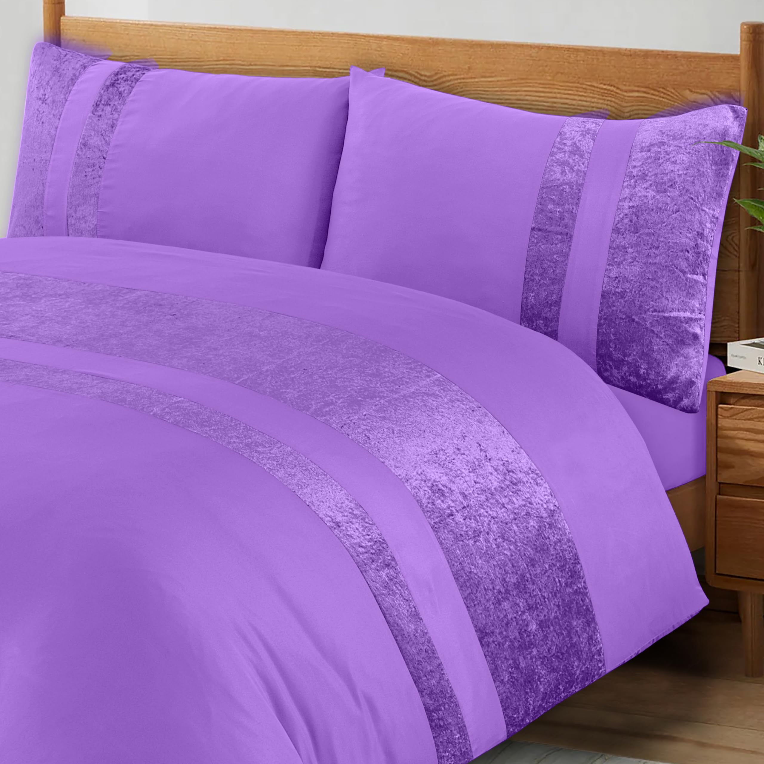 ZZZMRH Luxury Crushed Velvet Single Duvet Cover Set with Pillow Case - Purple Color Crush Velvet Panel Band Duvet Cover