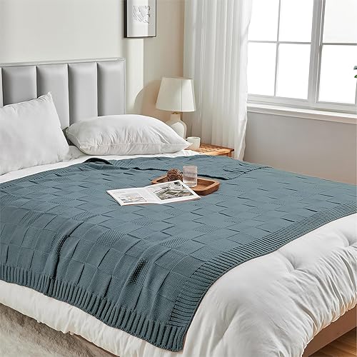 Miniatura 6 de Manta de punto a cuadros azules para sofá, suave, acogedora y cálida, manta de punto para sofá, cama, sofá, sala de estar, manta decorativa de