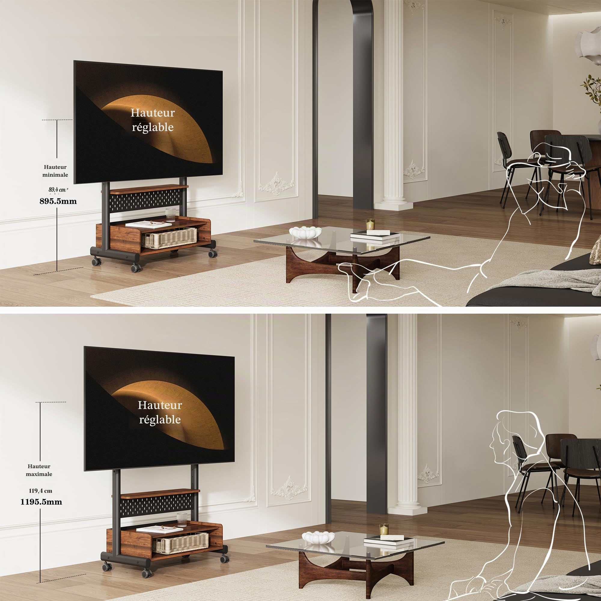 FITUEYES Meuble TV avec Support,avec Panneau perforé, 40-85 Pouces,Noyer | Support TV Roulettes, 7 Réglages de Hauteur 1036-1406 mm, jusqu'à 60 kg, Max. VESA 600x400 mm, pour Salon, Bureau