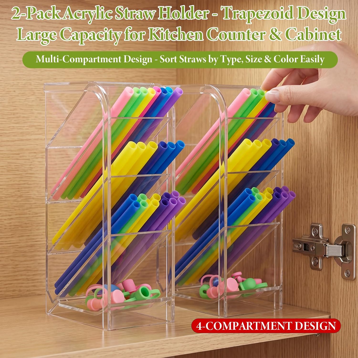 Novabright 2 Pack Clear Acrylic Straw Holder for Kitchen Countertop, Large Straw Storage 4 Tier Angled Design for 10-12 Inch Reusable Straws, Kitchen Accessories Container for Pantry Coffee Bar