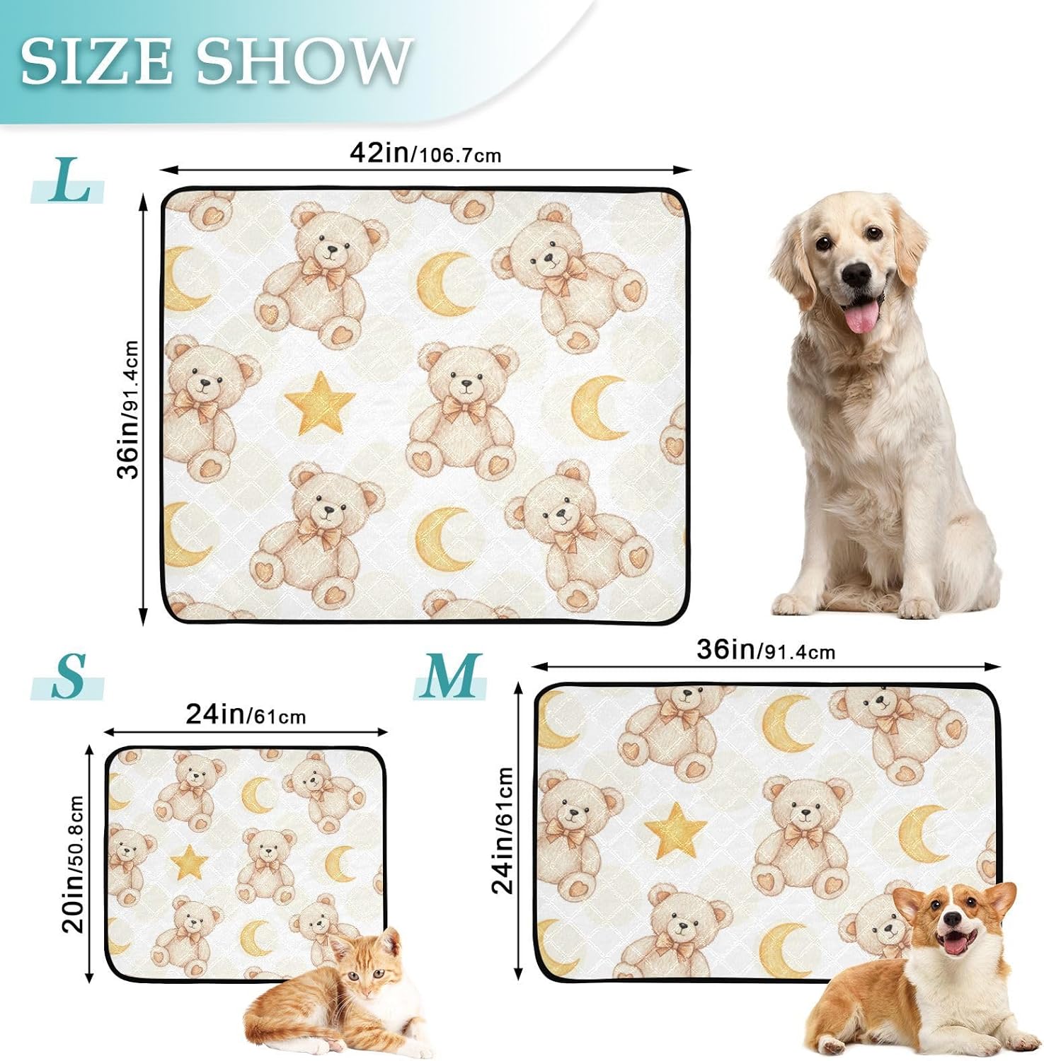 Washable Pee Pads for Dogs Brown Teddy Bears Non-Slip Puppy Pads Reusable Pee Mat for Potty Training-M+L