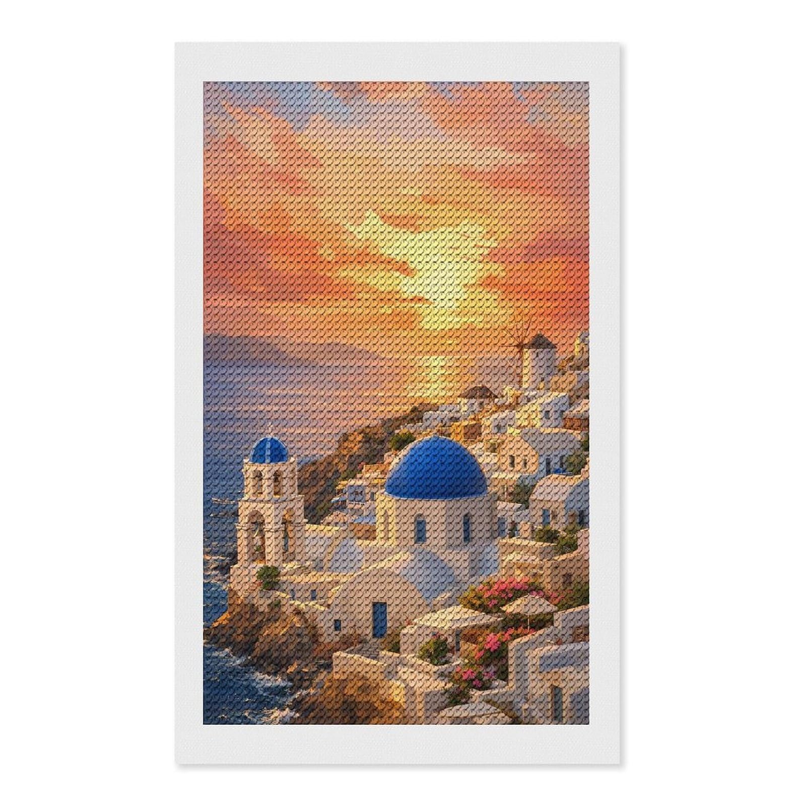 Junmoney Santorini Sunset Village Painting Round Drill Diamond Painting 12"x20", for Adults, Creative Leisure Activity, Office Decor, Holiday Gift Idea