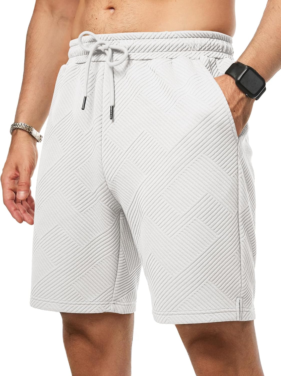 JMIERR Mens Casual 7" Shorts Summer Drawstring Elastic Waist Beach Sweat Shorts Texture with Pockets
