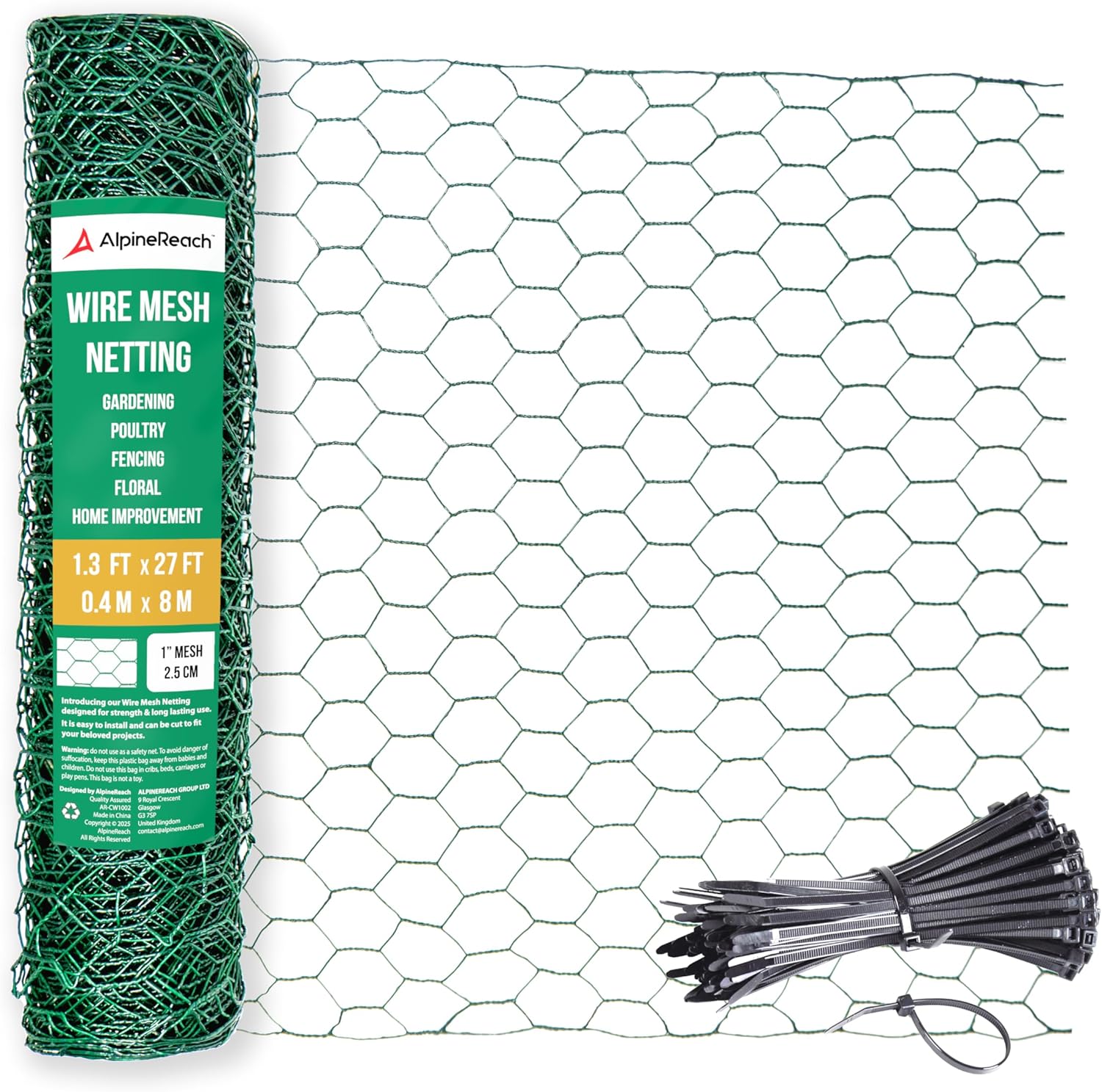 AlpineReach Chicken Wire 1.3ft x 60ft Fencing for Poultry, Crafts, Floral Arrangements, Zip Ties - Green Mesh Roll Galvanized Hexagonal PVC Coated Garden Netting for Gardening Fence (15.6" x 720")