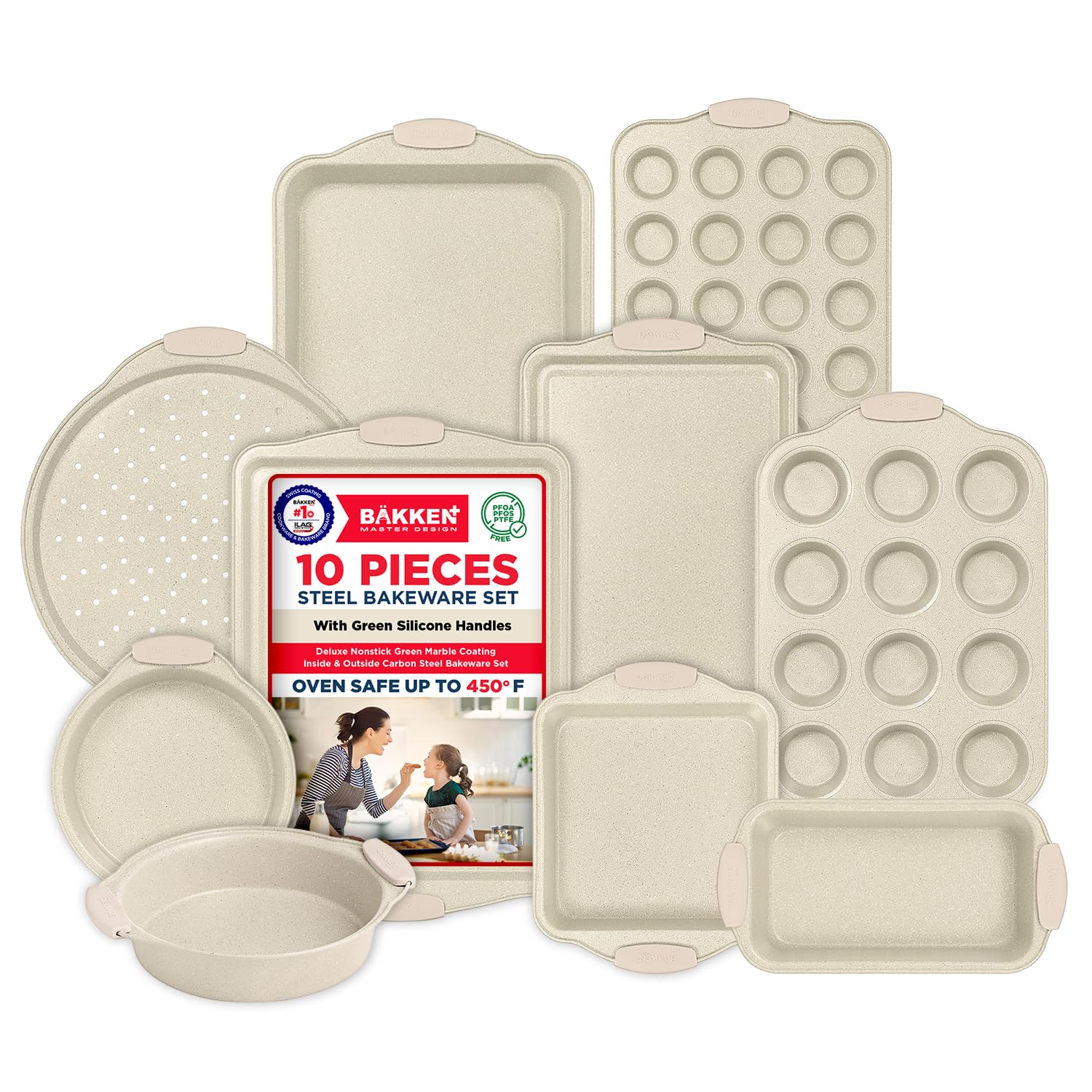 BAKKEN Kitchen Oven Baking Pans - Nonstick Gray Coating, Carbon Steel Bakeware Set with White Silicone Handles, Commercial Restaurant Quality Pans, PFOA, PFOS, PTFE Free, Oven Safe (450° F), Set of 10